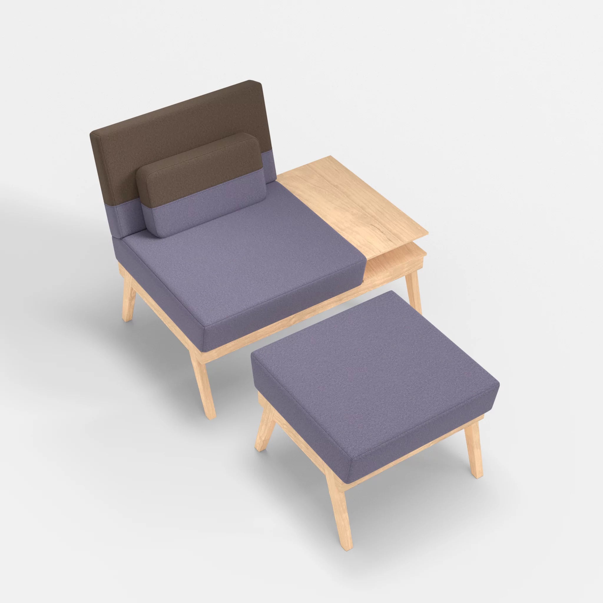 1er Sitzsofa Bauz mit Ablage rechts und Pouf dama0039-dama0051 in Flieder und Braun von oben