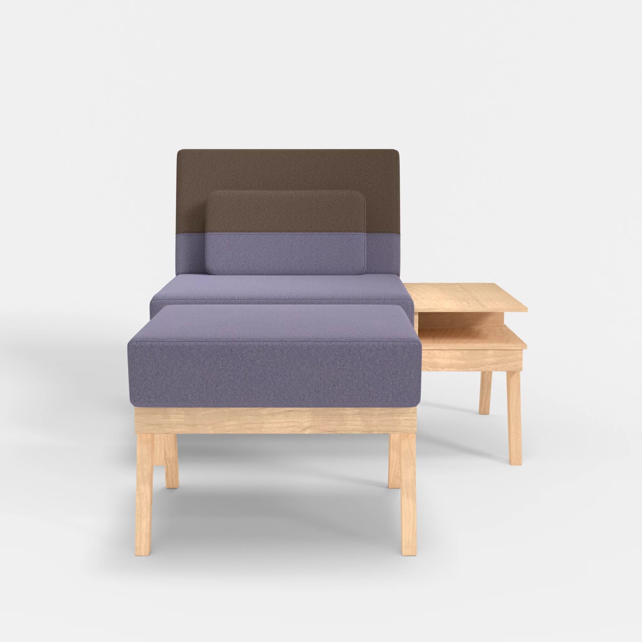 1er Sitzsofa Bauz mit Ablage rechts und Pouf dama0039-dama0051 in Flieder und Braun von vorne