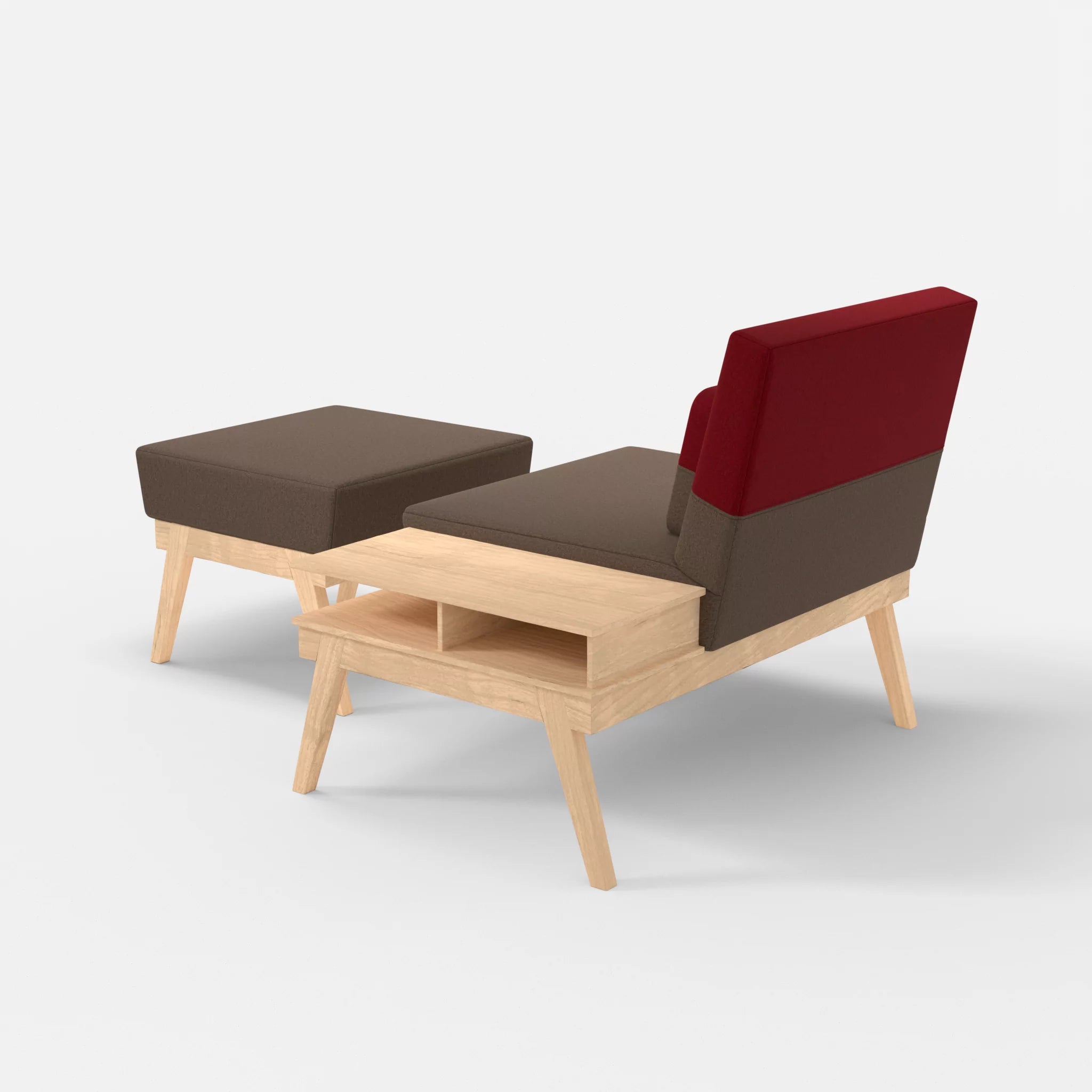 1er Sitzsofa Bauz mit Ablage rechts und Pouf dama0051-dama0053 in Braun und Rot von hinten
