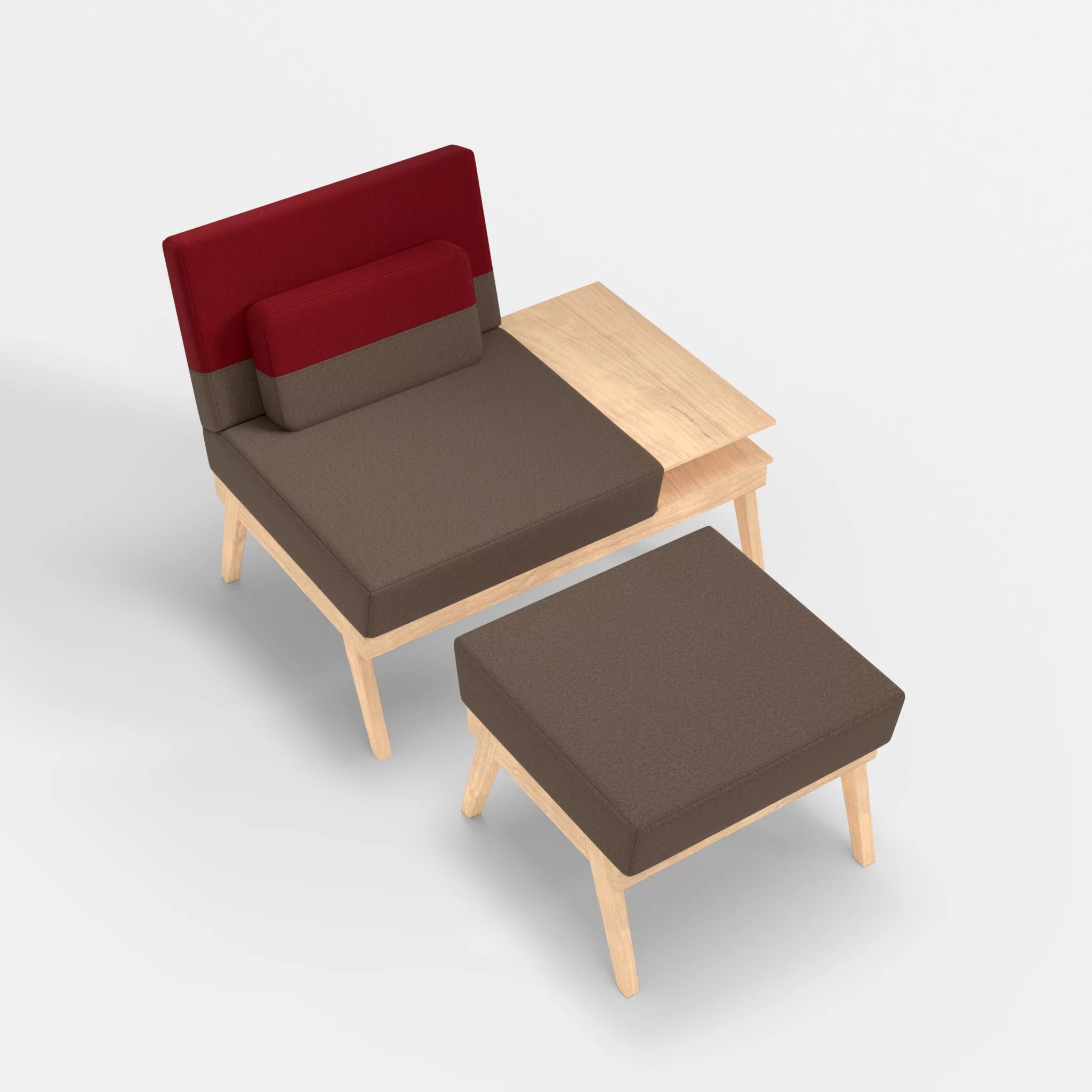 1er Sitzsofa Bauz mit Ablage rechts und Pouf dama0051-dama0053 in Braun und Rot von oben
