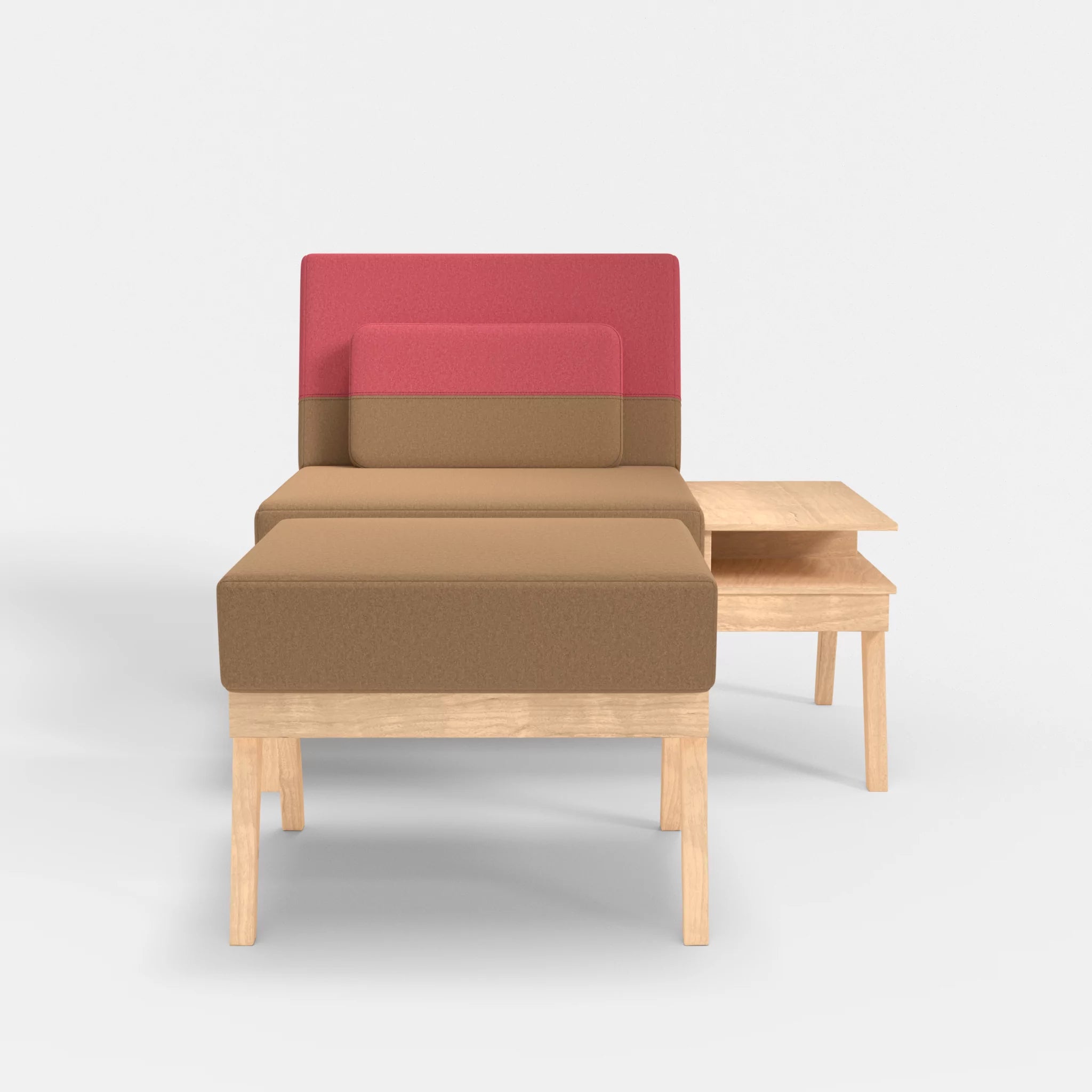 1er Sitzsofa Bauz mit Ablage rechts und Pouf dama0056-dama0083 in Beige und Pink von vorne