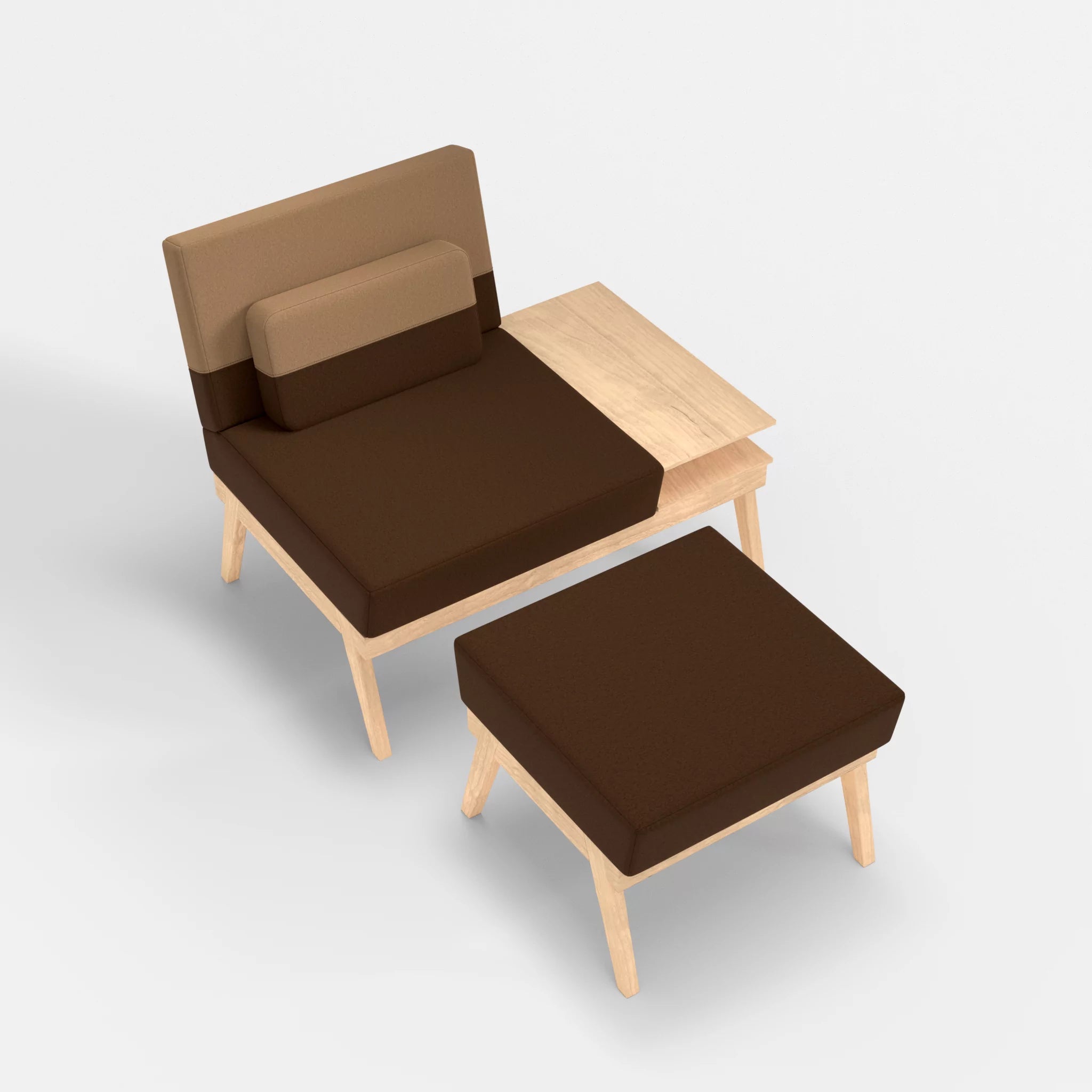 1er Sitzsofa Bauz mit Ablage rechts und Pouf dama0060-dama0056 in Braun und Beige von oben
