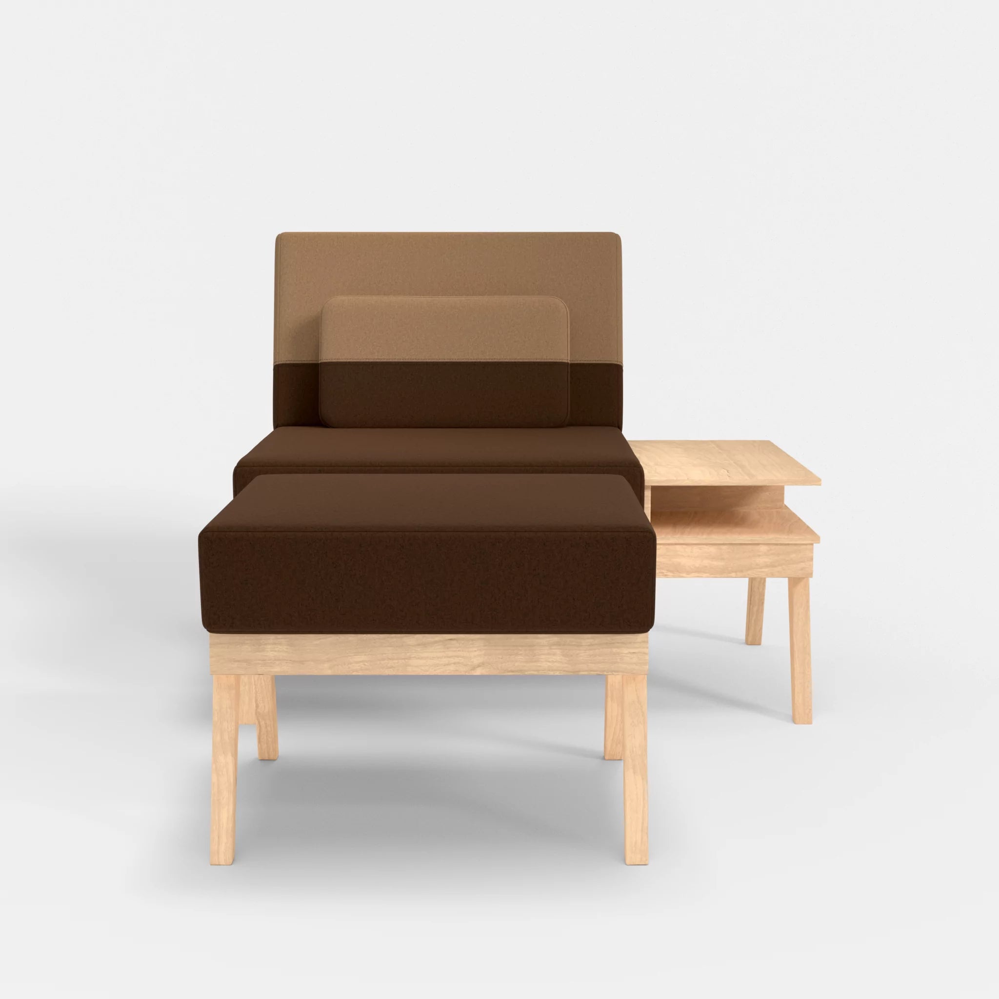1er Sitzsofa Bauz mit Ablage rechts und Pouf dama0060-dama0056 in Braun und Beige von vorne