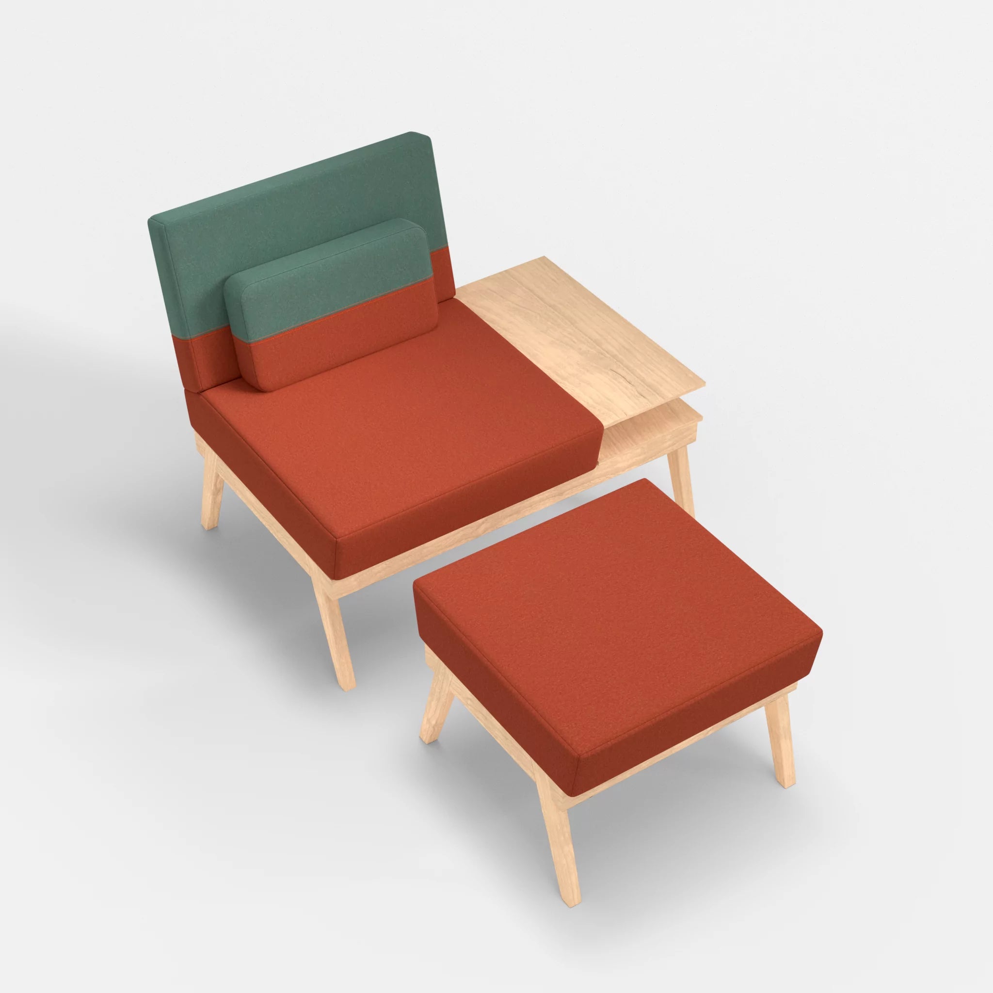 1er Sitzsofa Bauz mit Ablage rechts und Pouf dama0062-dama0045 in Orange und Türkis von oben