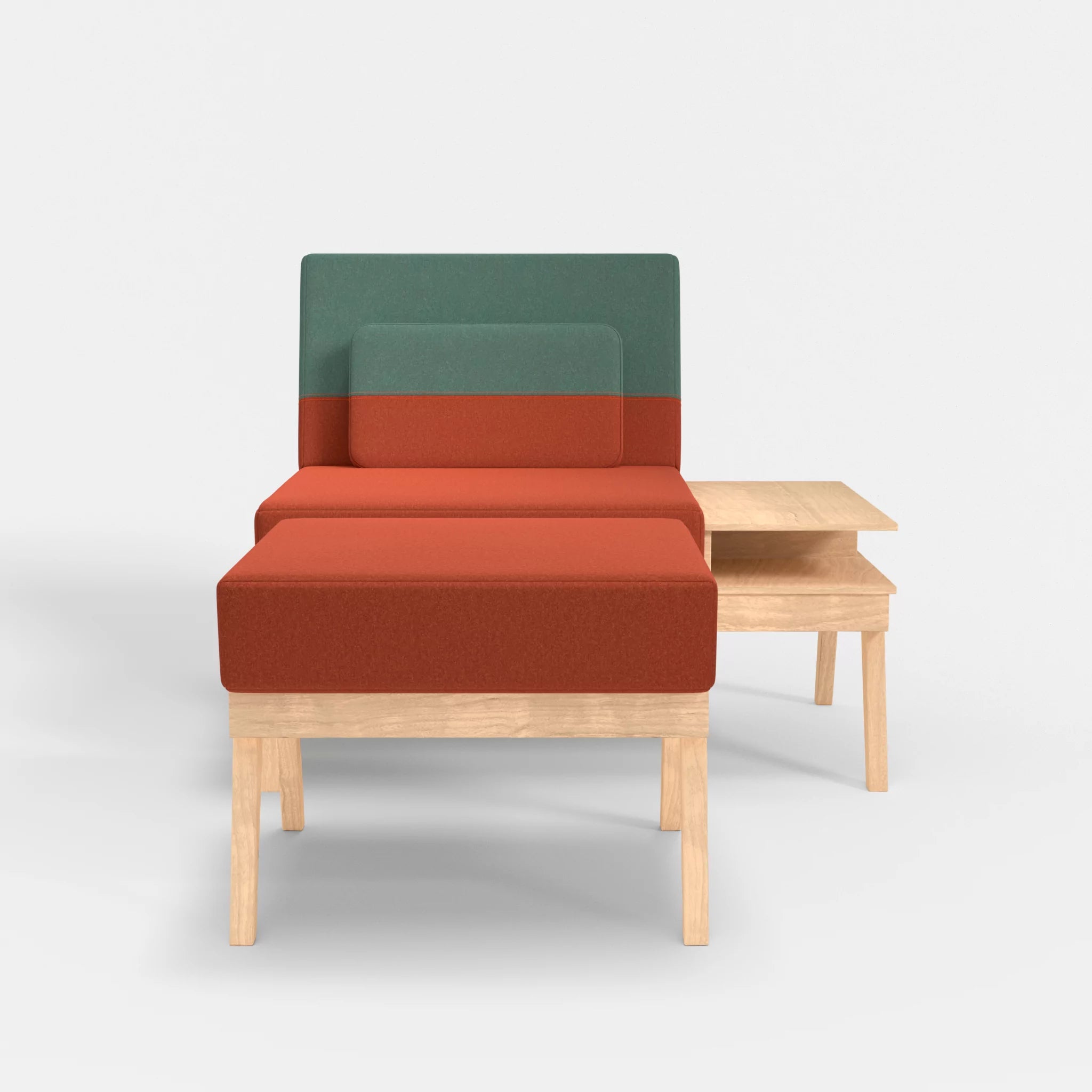 1er Sitzsofa Bauz mit Ablage rechts und Pouf dama0062-dama0045 in Orange und Türkis von vorne