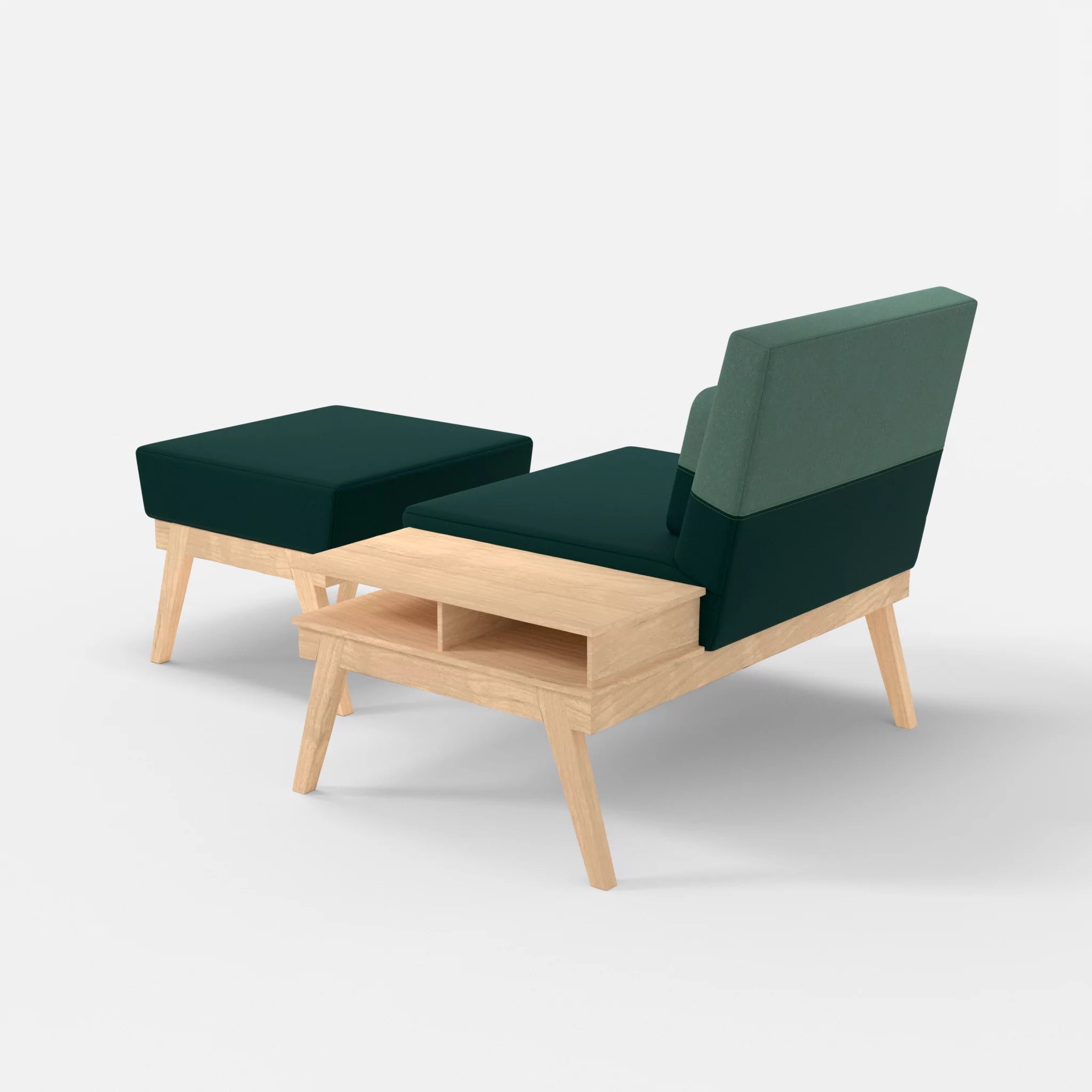 1er Sitzsofa Bauz mit Ablage rechts und Pouf dama0073-dama0045 in Petrol und Türkis von hinten
