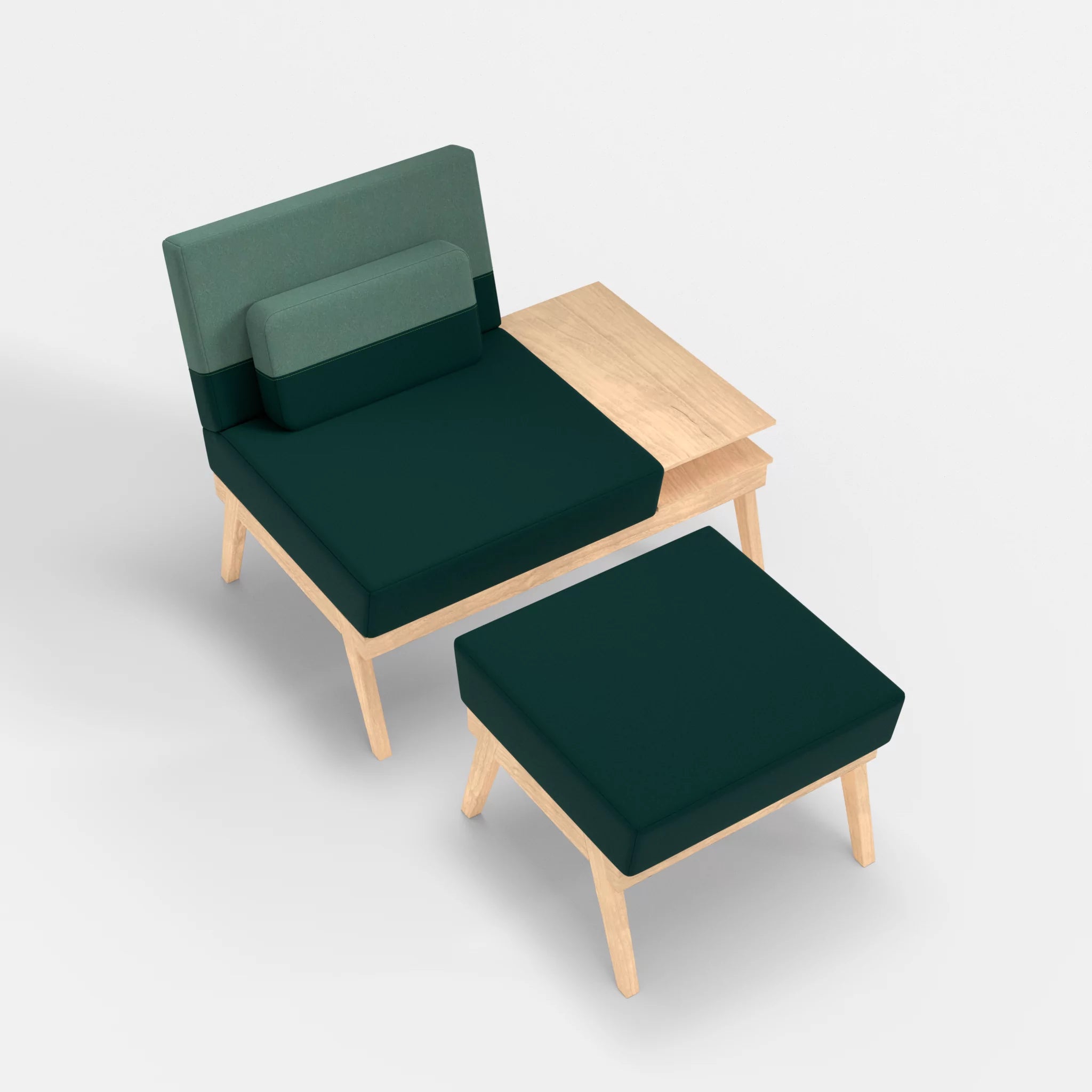 1er Sitzsofa Bauz mit Ablage rechts und Pouf dama0073-dama0045 in Petrol und Türkis von oben