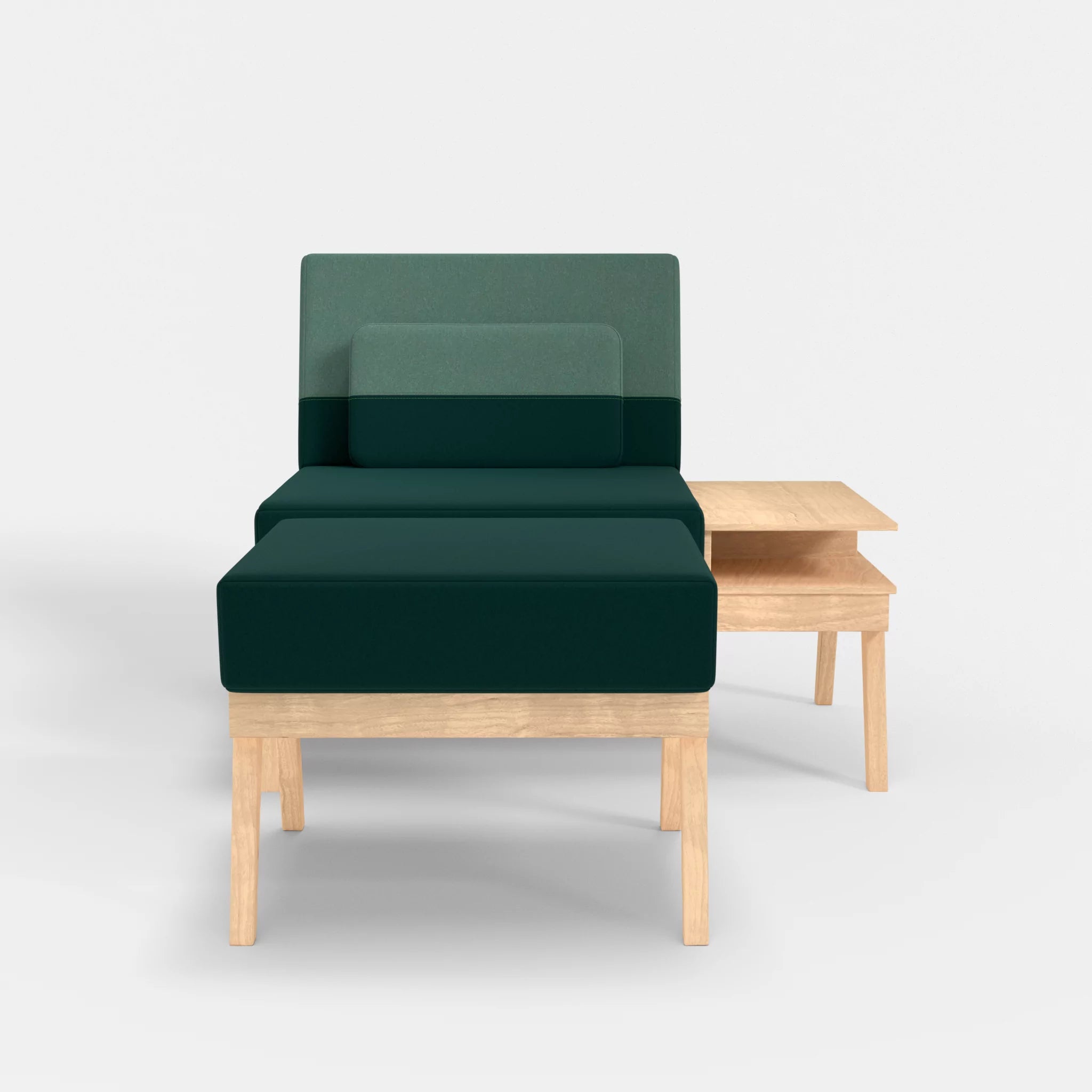 1er Sitzsofa Bauz mit Ablage rechts und Pouf dama0073-dama0045 in Petrol und Türkis von vorne