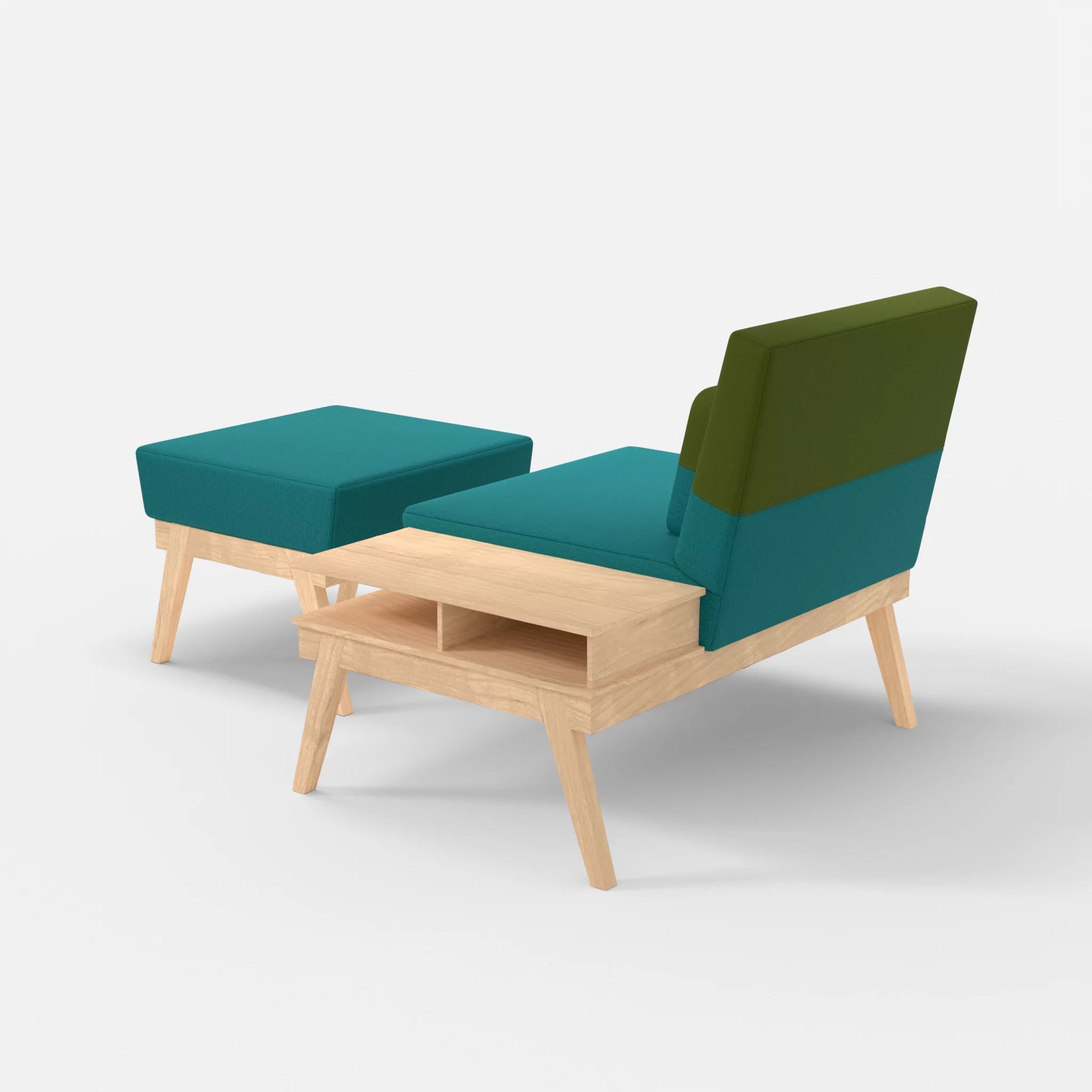 1er Sitzsofa Bauz mit Ablage rechts und Pouf dama0076-dama0059 in Türkis und Grün von hinten