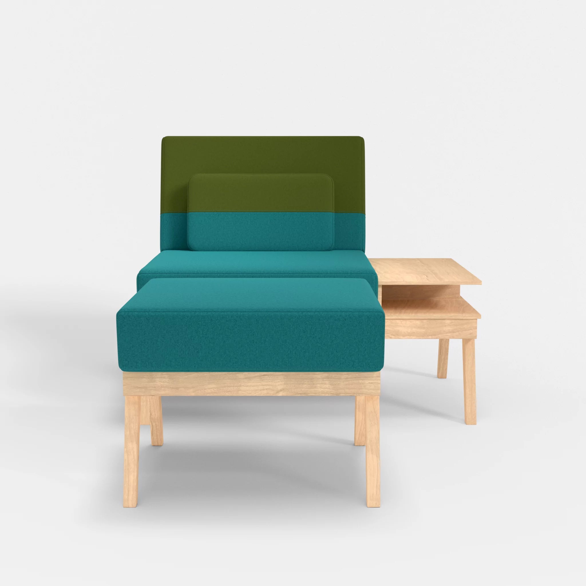 1er Sitzsofa Bauz mit Ablage rechts und Pouf dama0076-dama0059 in Türkis und Grün von vorne