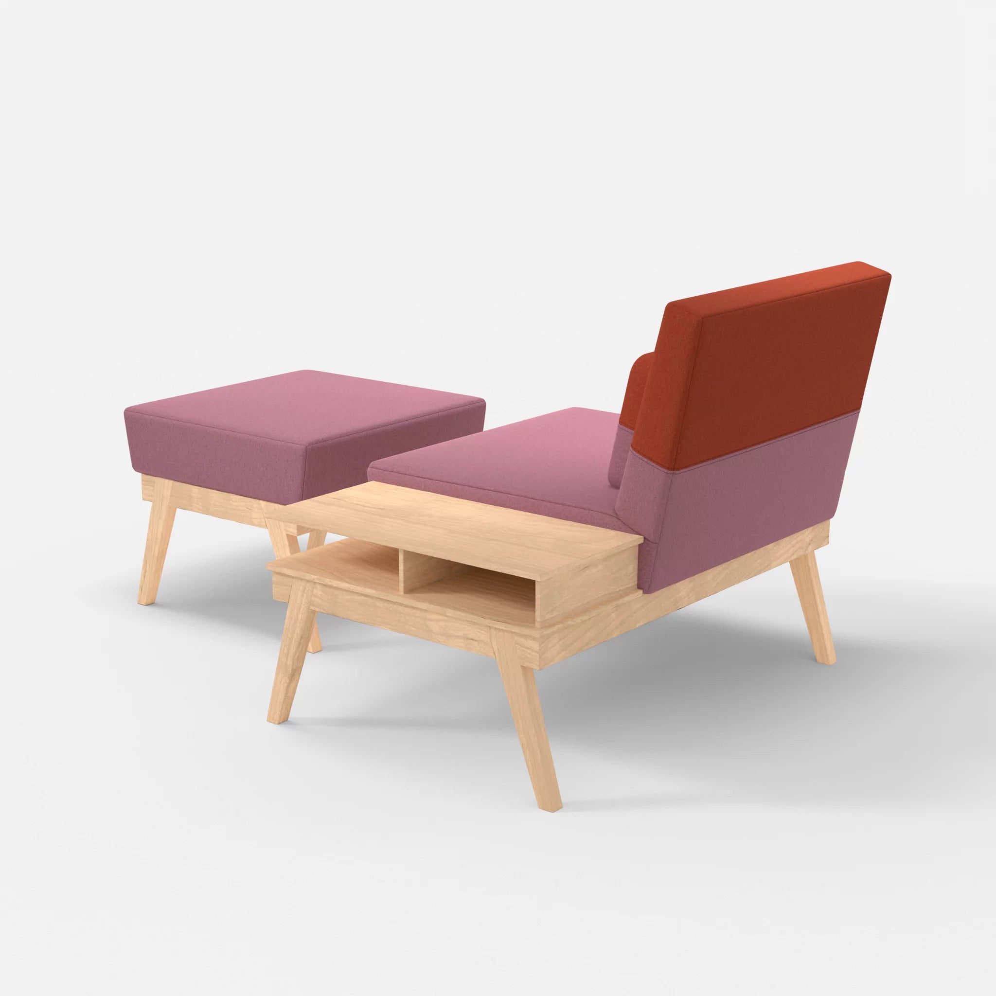 1er Sitzsofa Bauz mit Ablage rechts und Pouf dama0084-dama0062 in Rosa und Orange von hinten