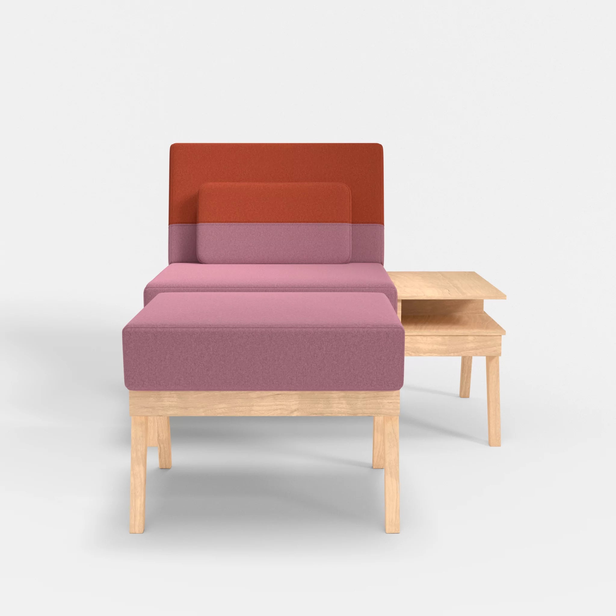 1er Sitzsofa Bauz mit Ablage rechts und Pouf dama0084-dama0062 in Rosa und Orange von vorne