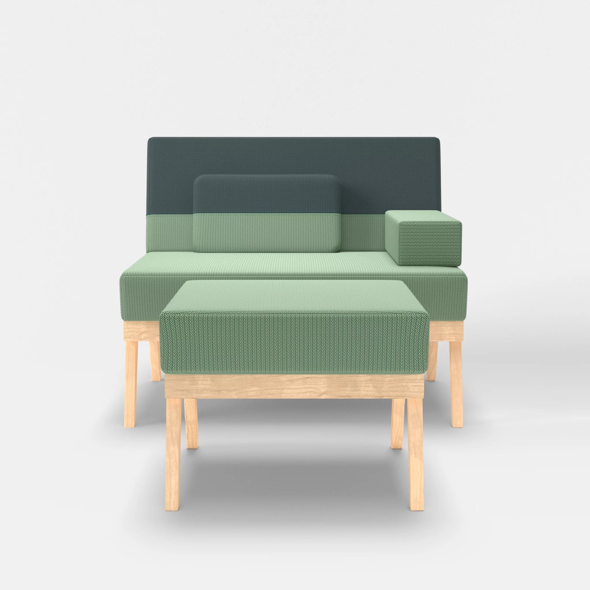 1er Sitzsofa Bauz mit Pouf credoaloe-credojaspis in Hellgrün und Türkis von vorne