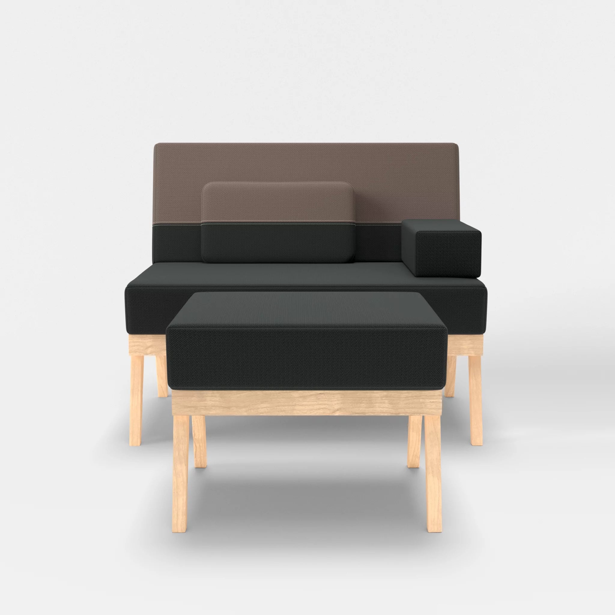 1er Sitzsofa Bauz mit Pouf credoblack-credowalnut in Schwarz und Dunkelgrau von vorne