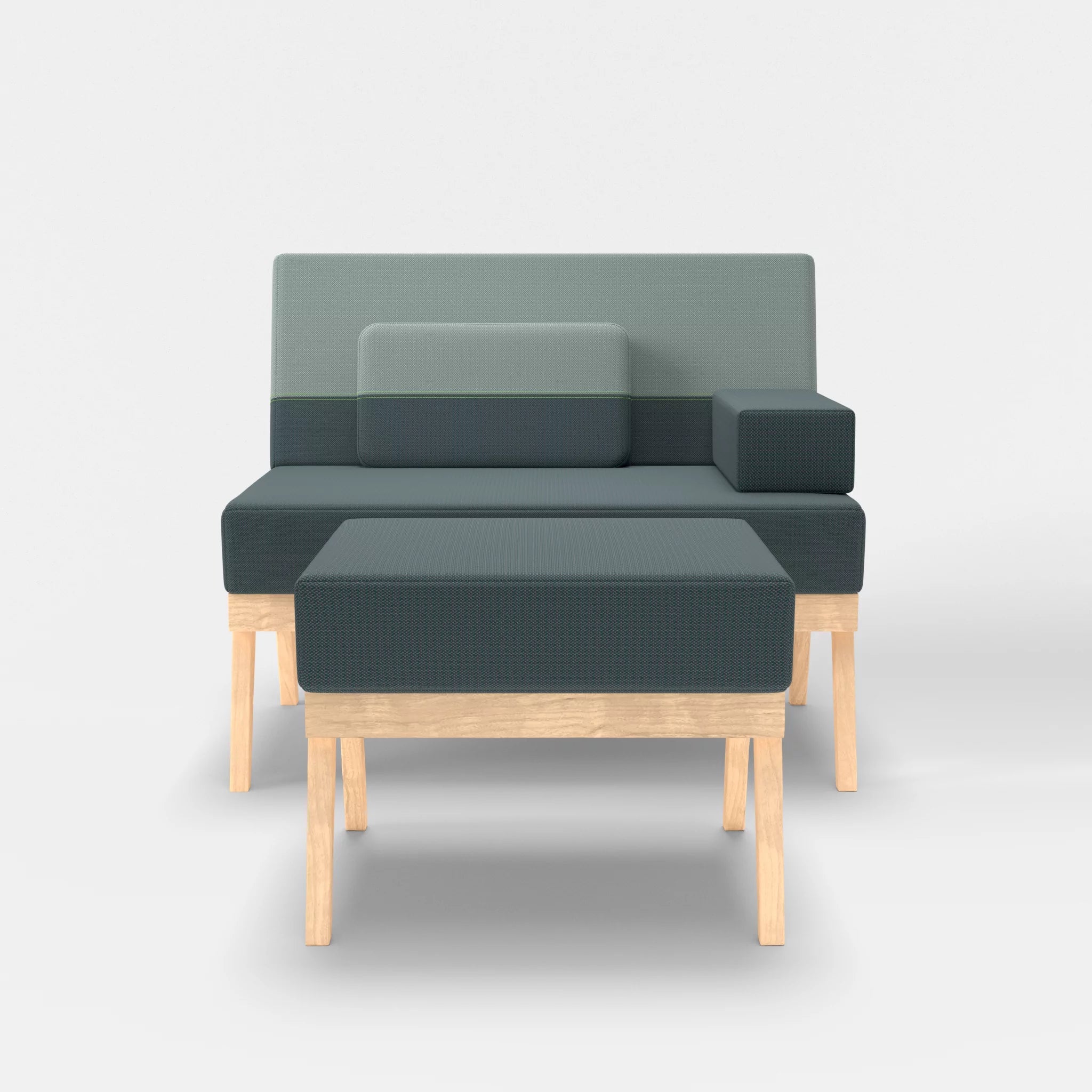 1er Sitzsofa Bauz mit Pouf credojaspis-credolake in Türkis und Graublau von vorne