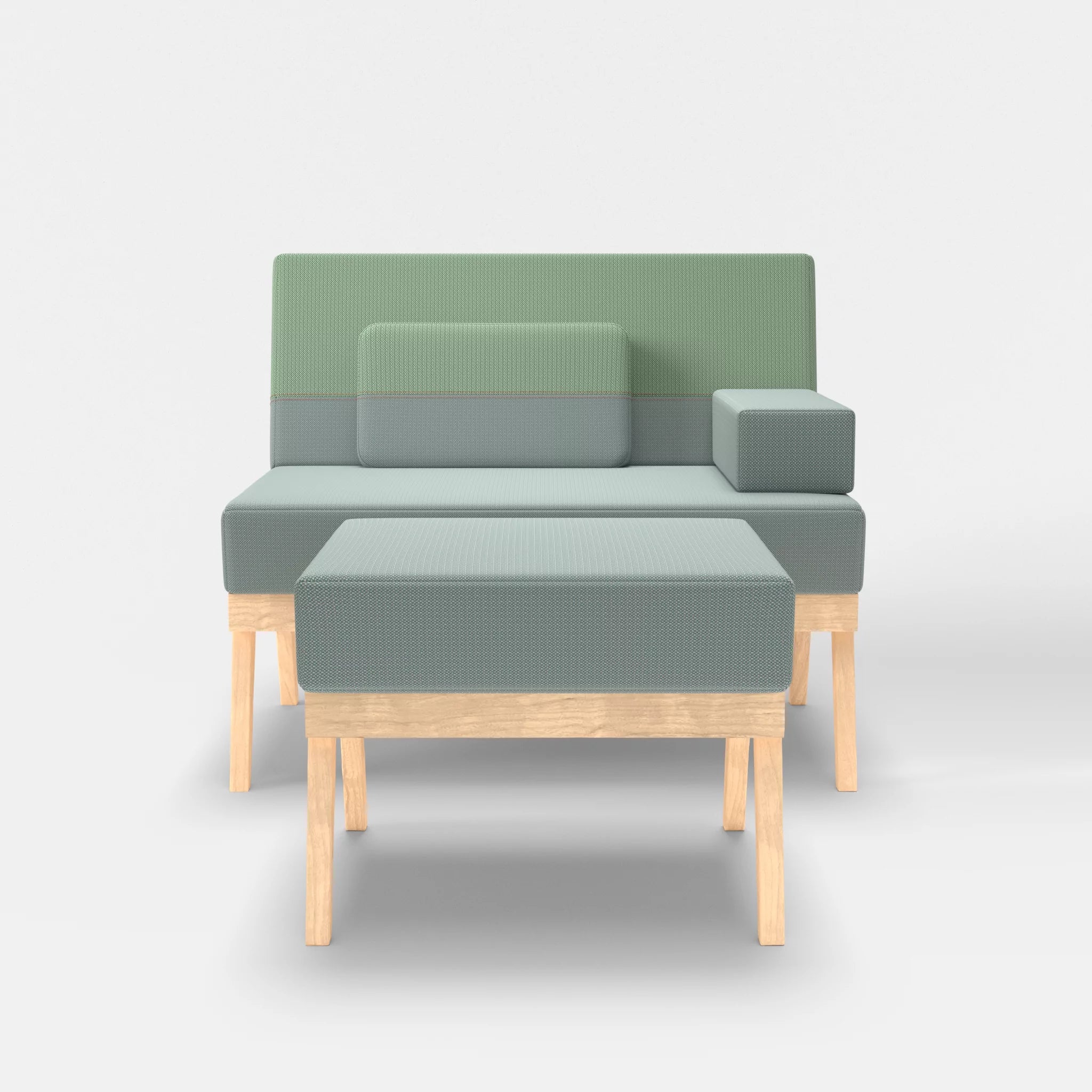 1er Sitzsofa Bauz mit Pouf credolake-credoaloe in Graublau und Hellgrün von vorne