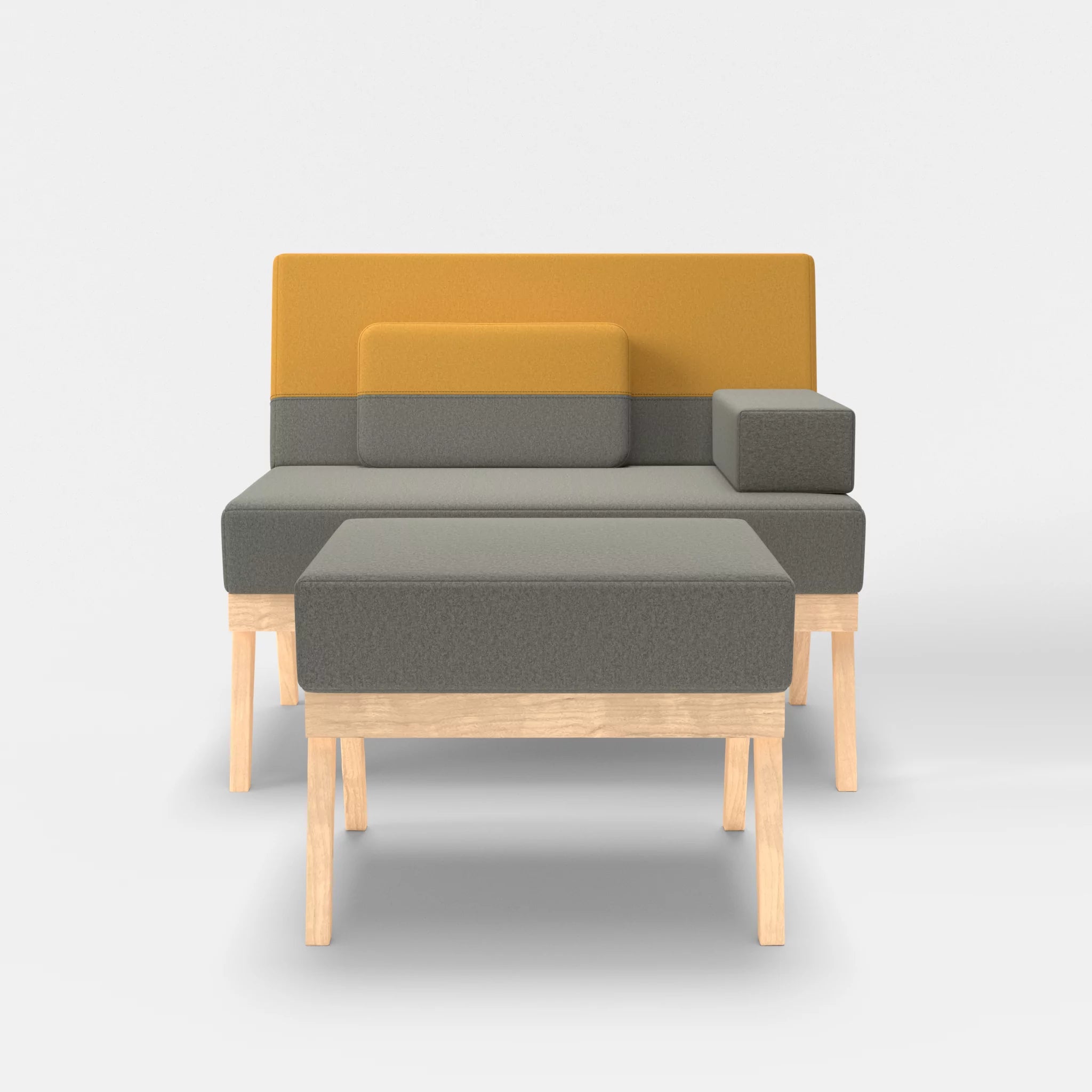 1er Sitzsofa Bauz mit Pouf dama0003-dama0081 in Mittelgrau und Curry von vorne