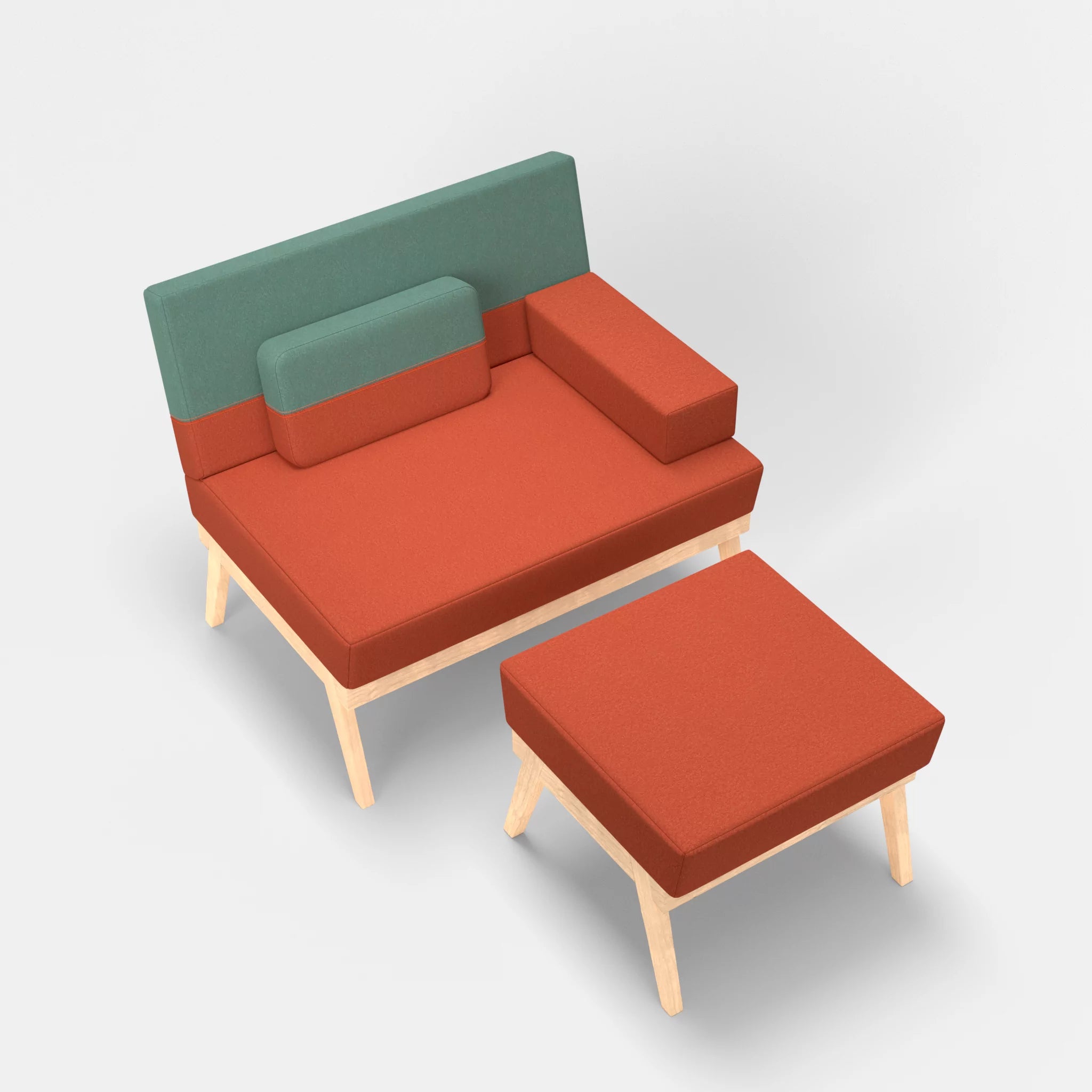 1er Sitzsofa Bauz mit Pouf dama0062-dama0045 in Orange und Türkis von oben