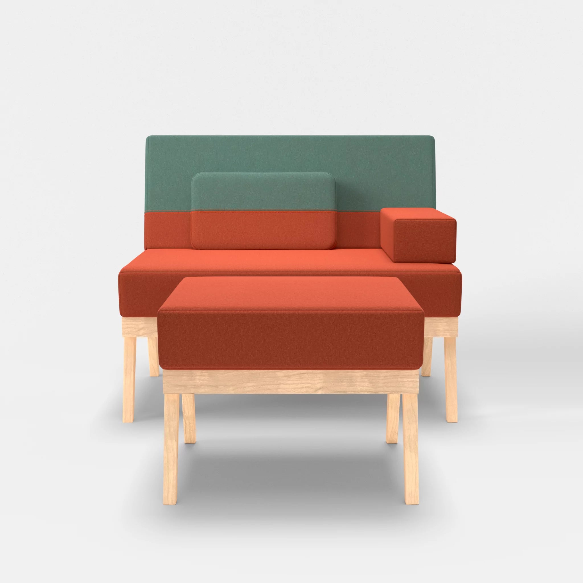 1er Sitzsofa Bauz mit Pouf dama0062-dama0045 in Orange und Türkis von vorne
