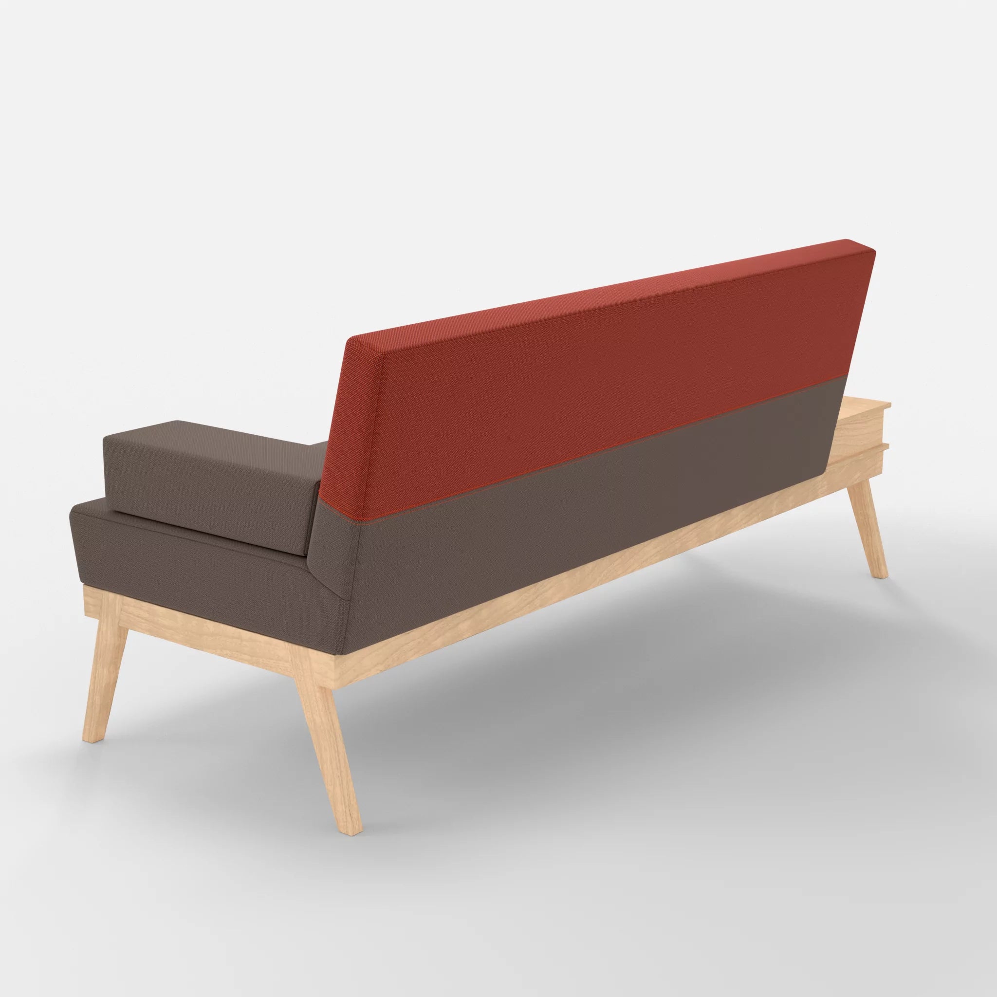 3er Sitzsofa Bauz mit Ablage links credowalnut-credolampion in Dunkelgrau und Rot von hinten