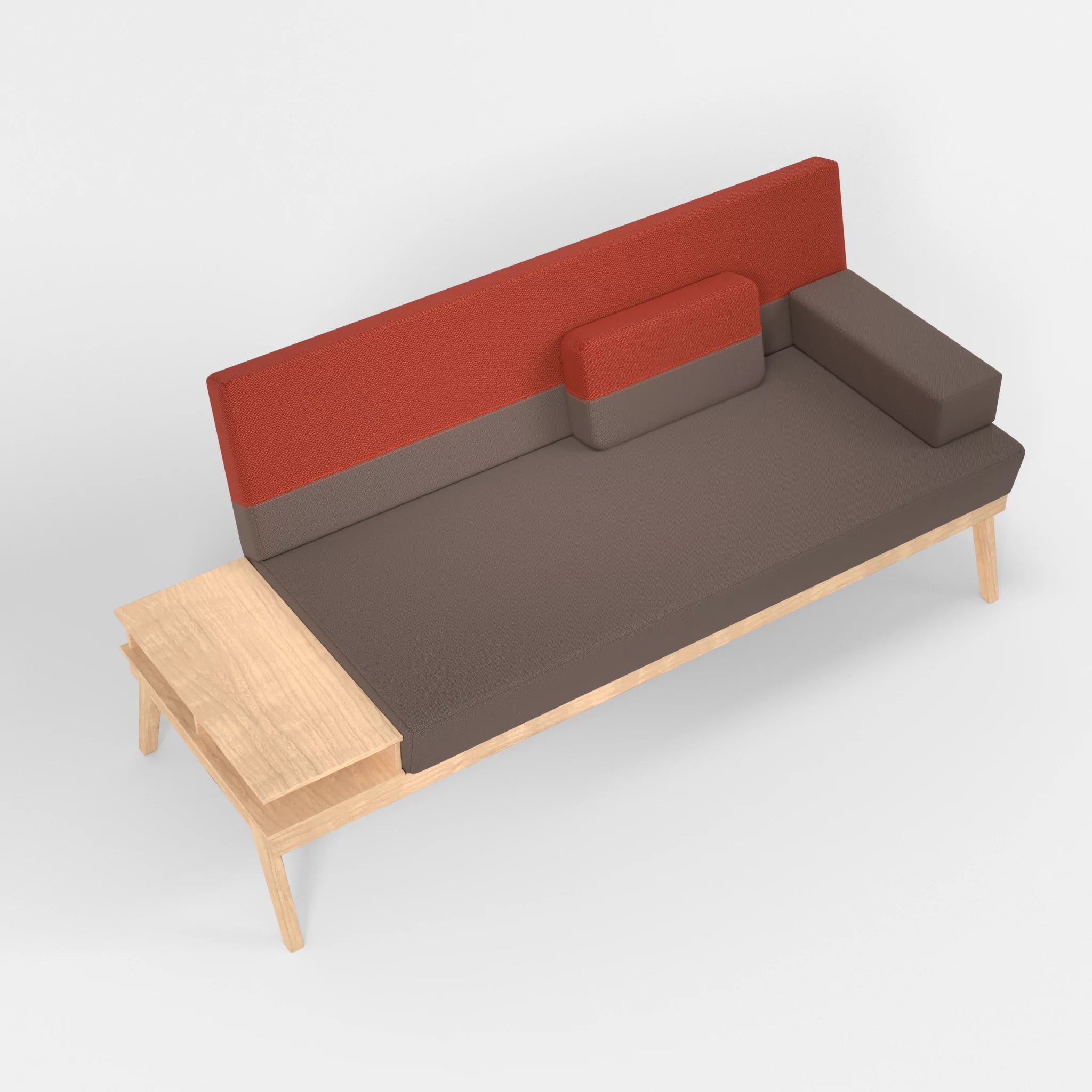 3er Sitzsofa Bauz mit Ablage links credowalnut-credolampion in Dunkelgrau und Rot von oben