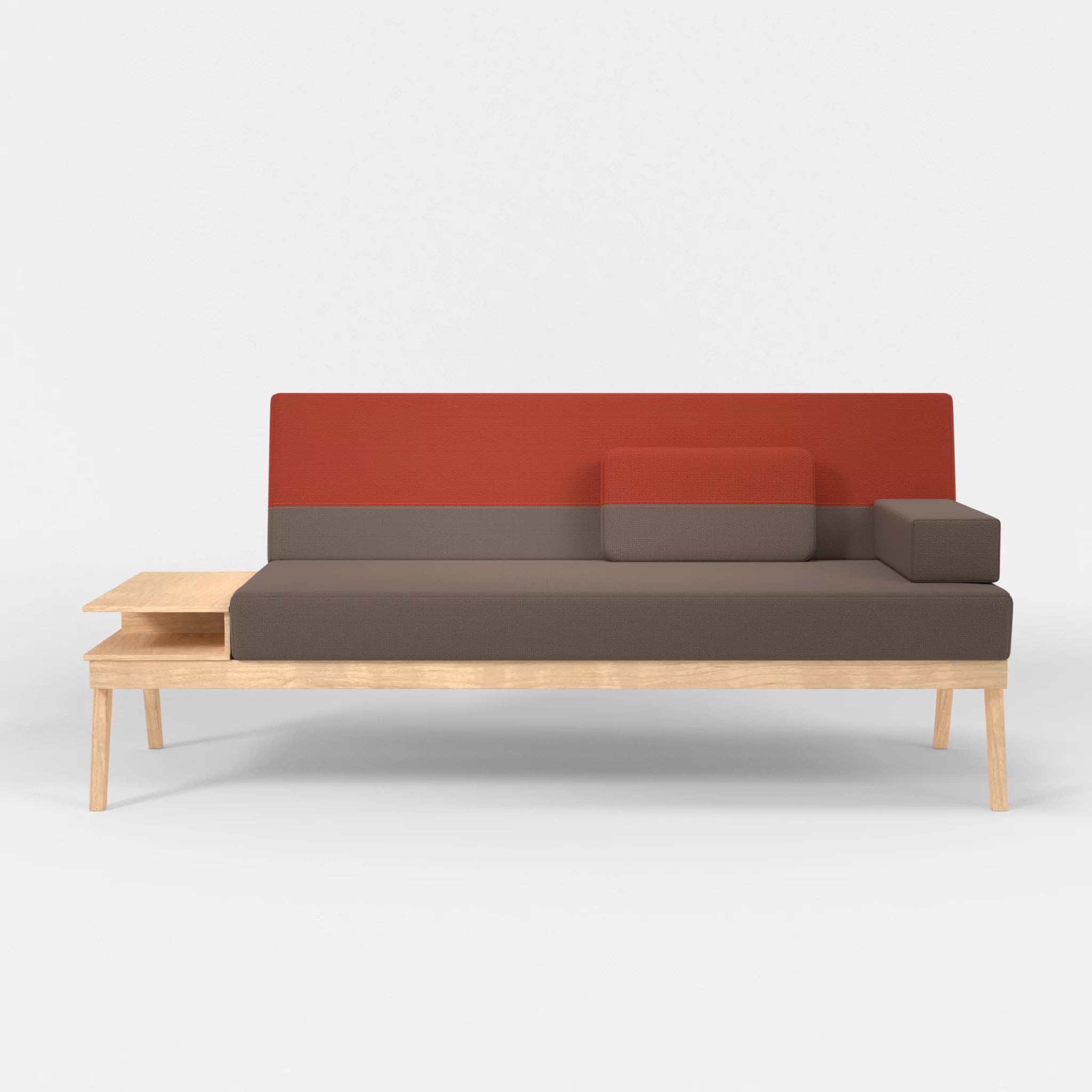 3er Sitzsofa Bauz mit Ablage links credowalnut-credolampion in Dunkelgrau und Rot von vorne