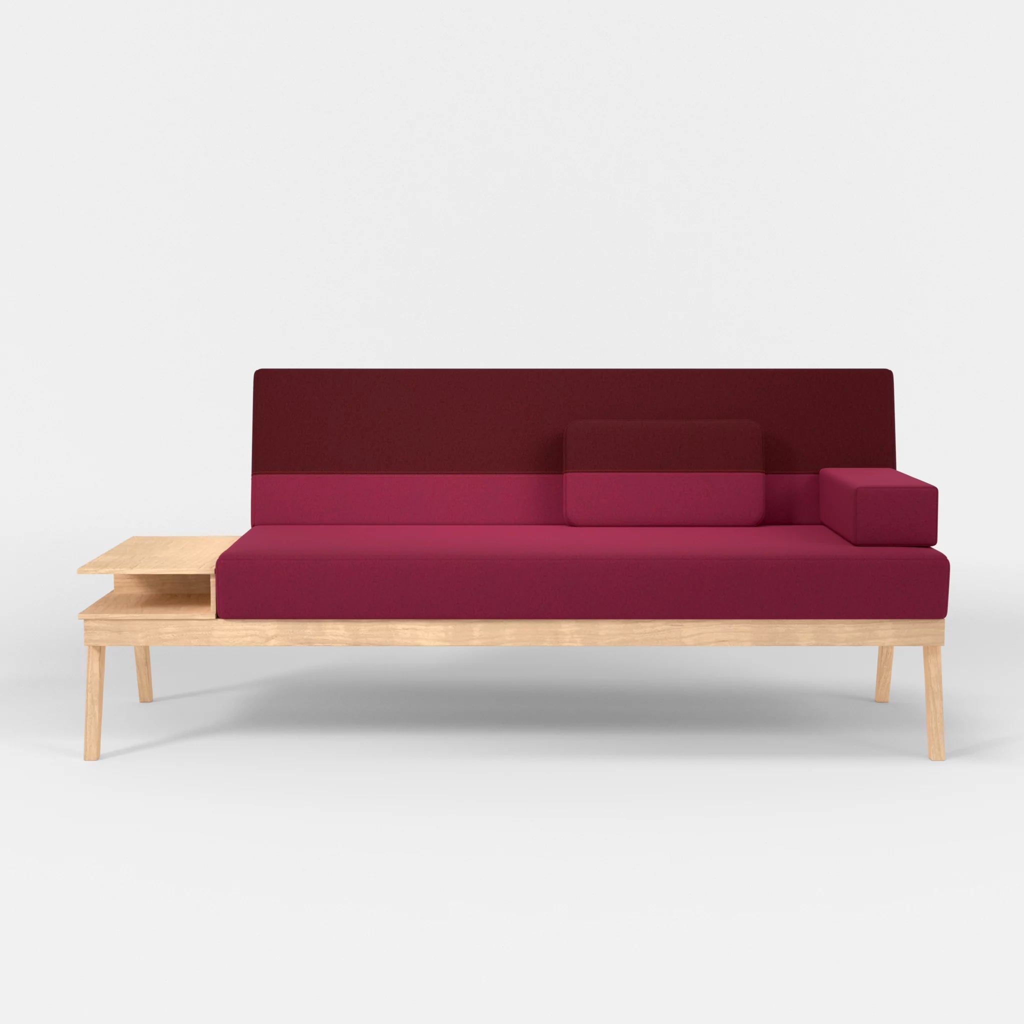 3er Sitzsofa Bauz mit Ablage links dama0034-dama0050 in Bordeaux und Fuchsia von vorne