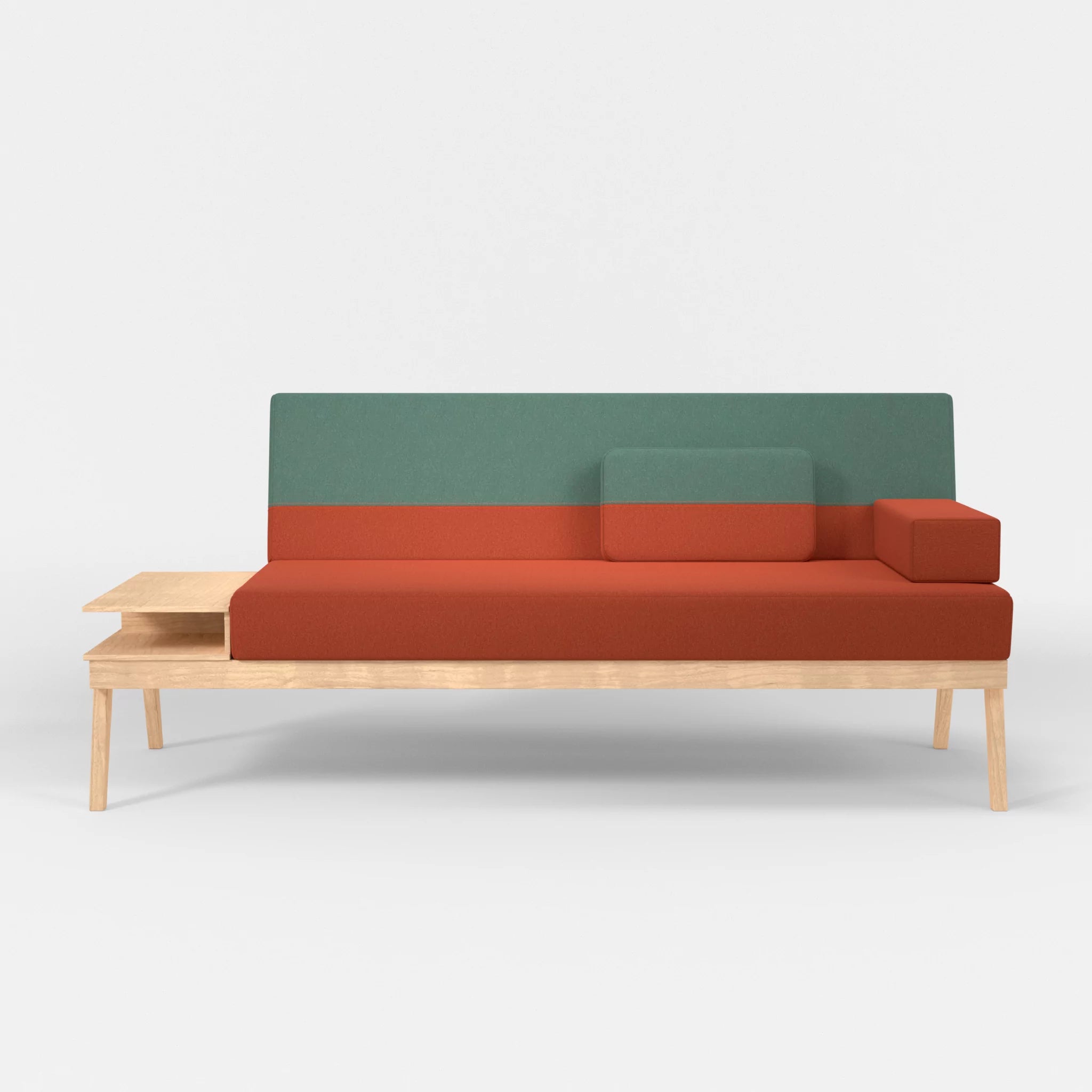 3er Sitzsofa Bauz mit Ablage links dama0062-dama0045 in Orange und Türkis von vorne