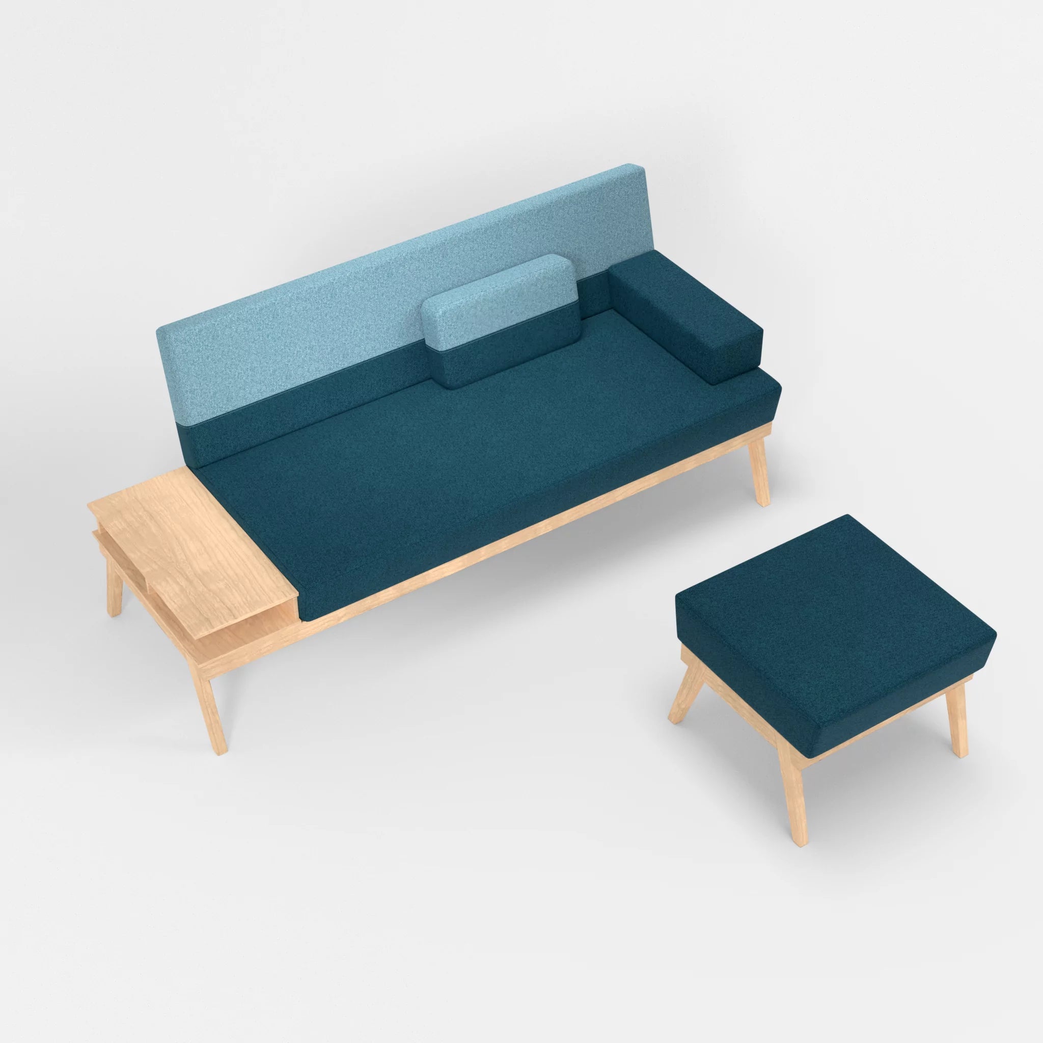 3er Sitzsofa Bauz mit Ablage links und Pouf celia0203-celia0209 in Blau und Türkis von oben