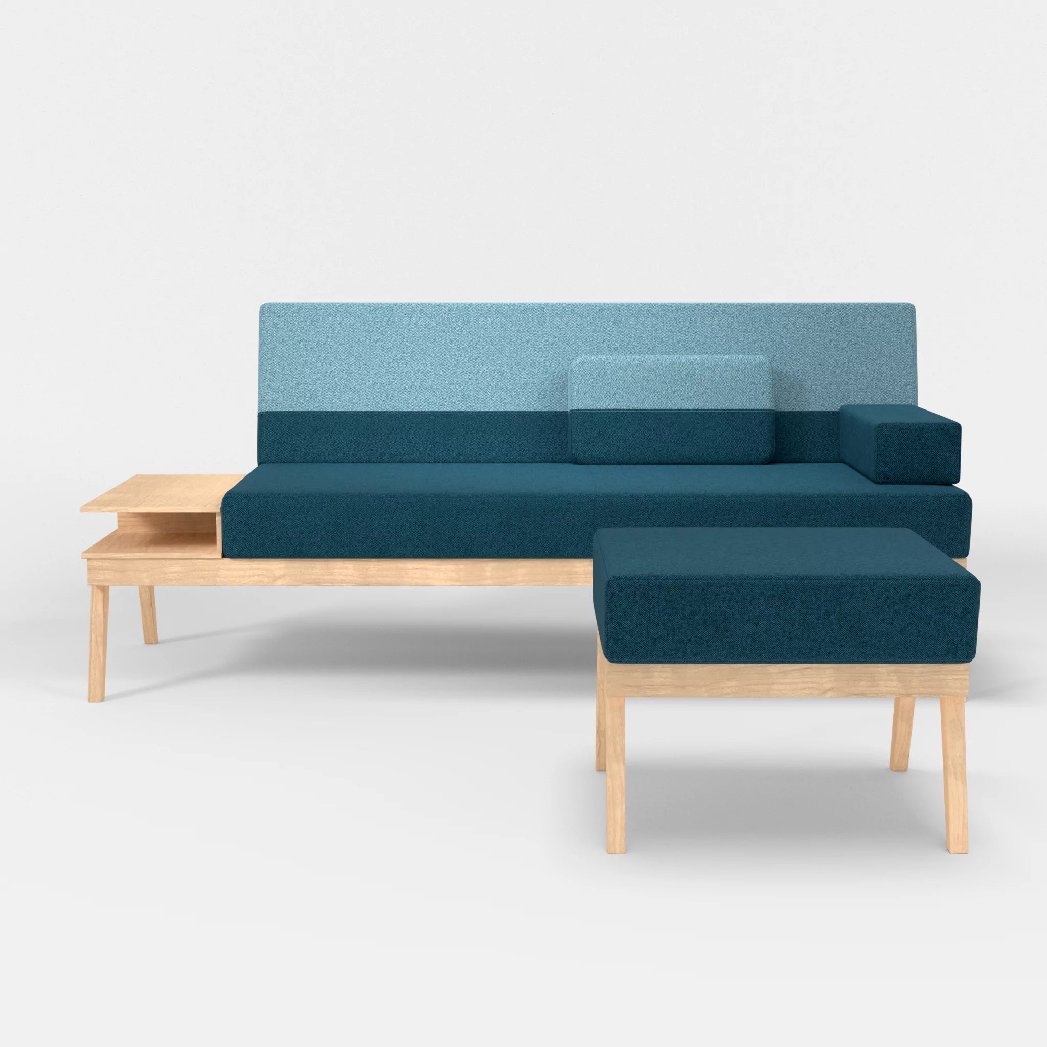 3er Sitzsofa Bauz mit Ablage links und Pouf celia0203-celia0209 in Blau und Türkis von vorne