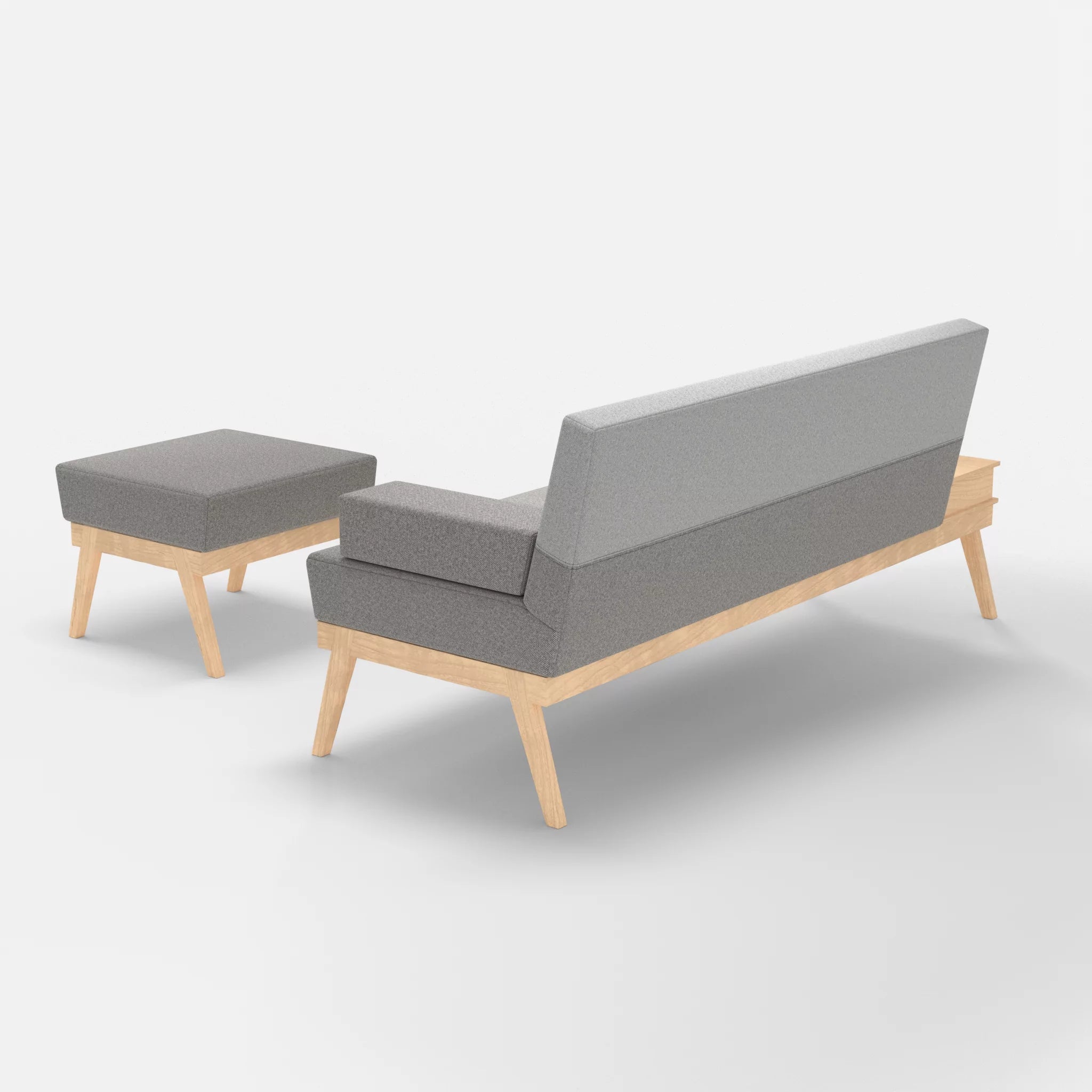 3er Sitzsofa Bauz mit Ablage links und Pouf celia0208-celia0204 in Mittelgrau und Hellgrau von hinten