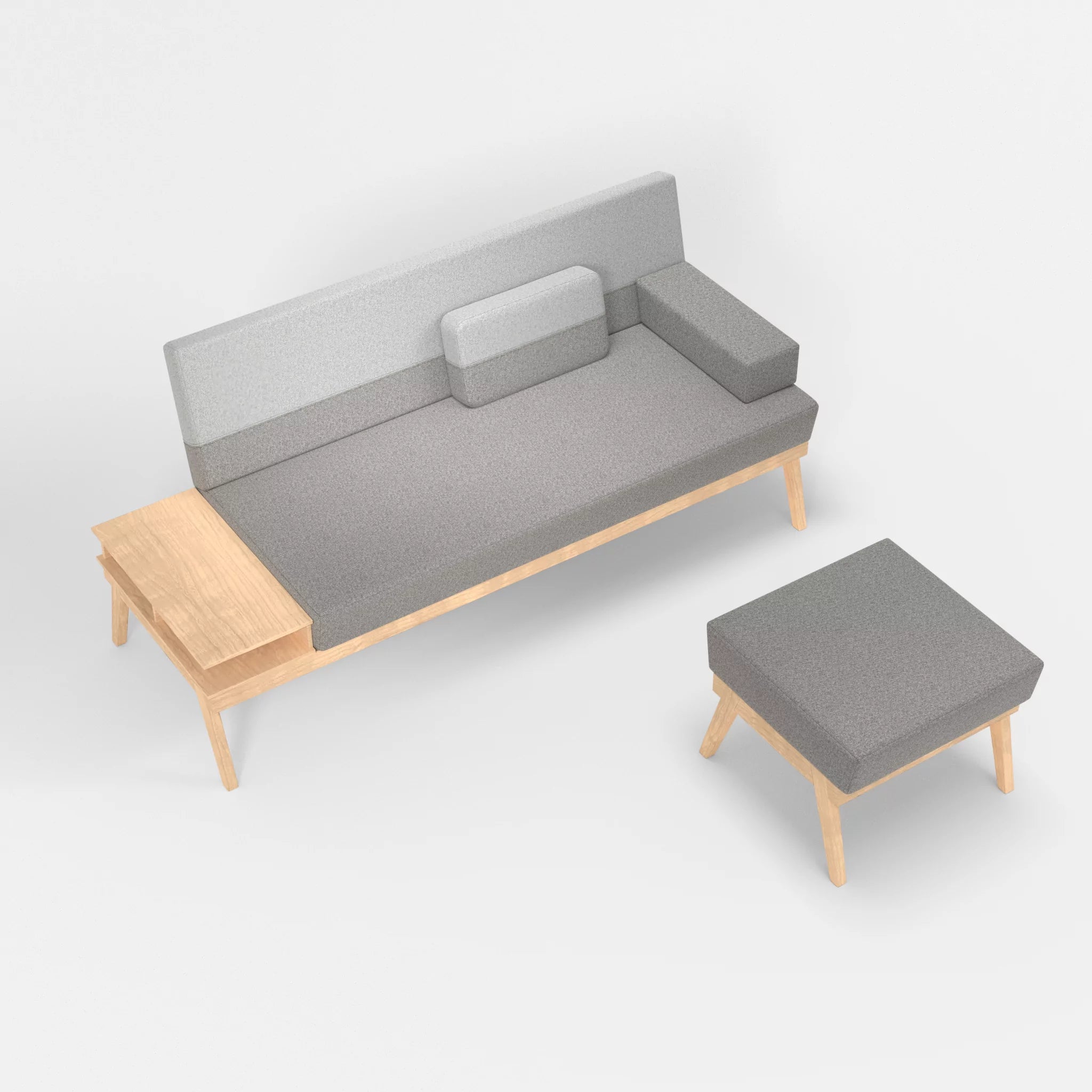 3er Sitzsofa Bauz mit Ablage links und Pouf celia0208-celia0204 in Mittelgrau und Hellgrau von oben