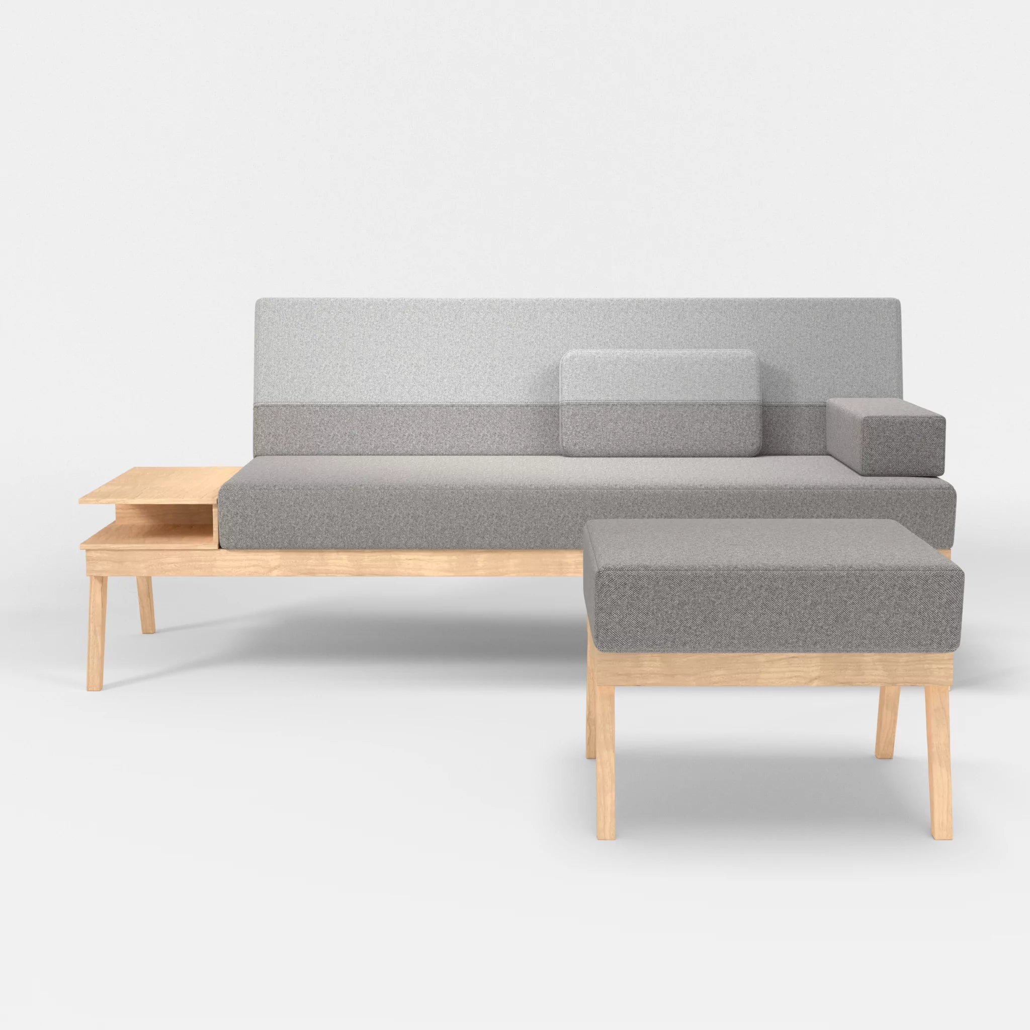 3er Sitzsofa Bauz mit Ablage links und Pouf celia0208-celia0204 in Mittelgrau und Hellgrau von vorne