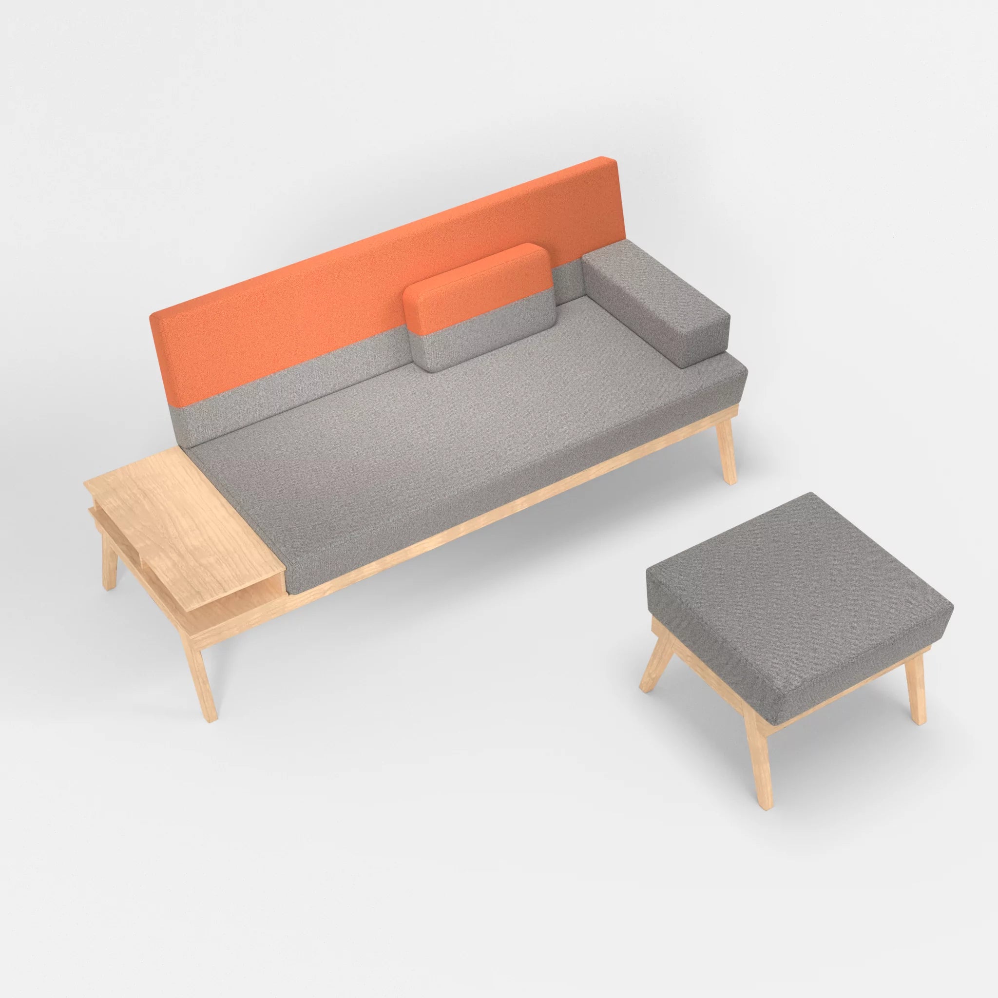 3er Sitzsofa Bauz mit Ablage links und Pouf celia0208-celia0215 in Mittelgrau und Orange von oben