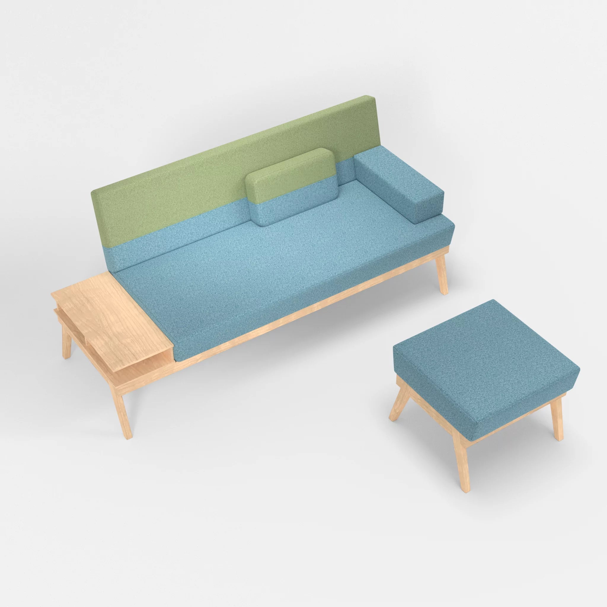 3er Sitzsofa Bauz mit Ablage links und Pouf celia0209-celia0213 in Türkis und Hellgrün von oben