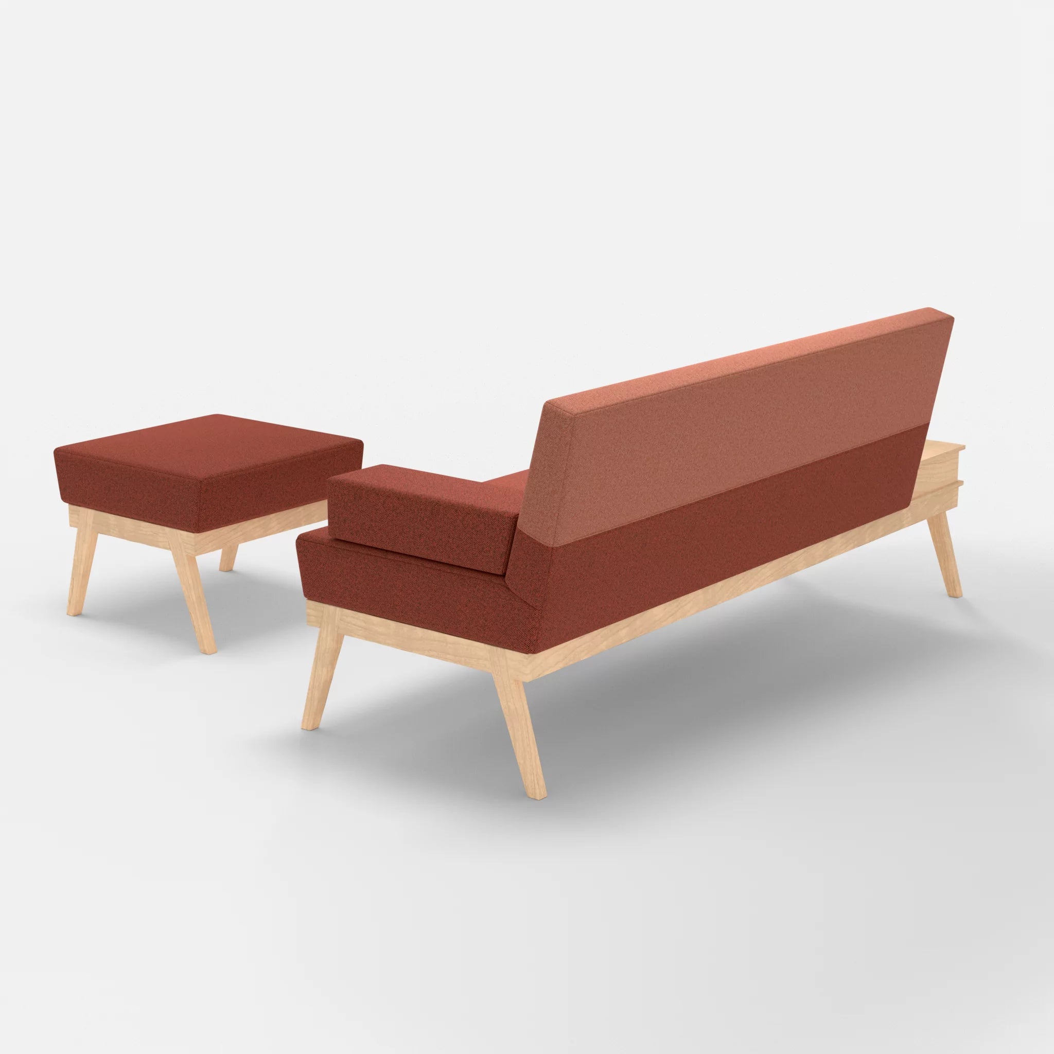 3er Sitzsofa Bauz mit Ablage links und Pouf celia0214-celia0217 in Terracotta und Orange von hinten