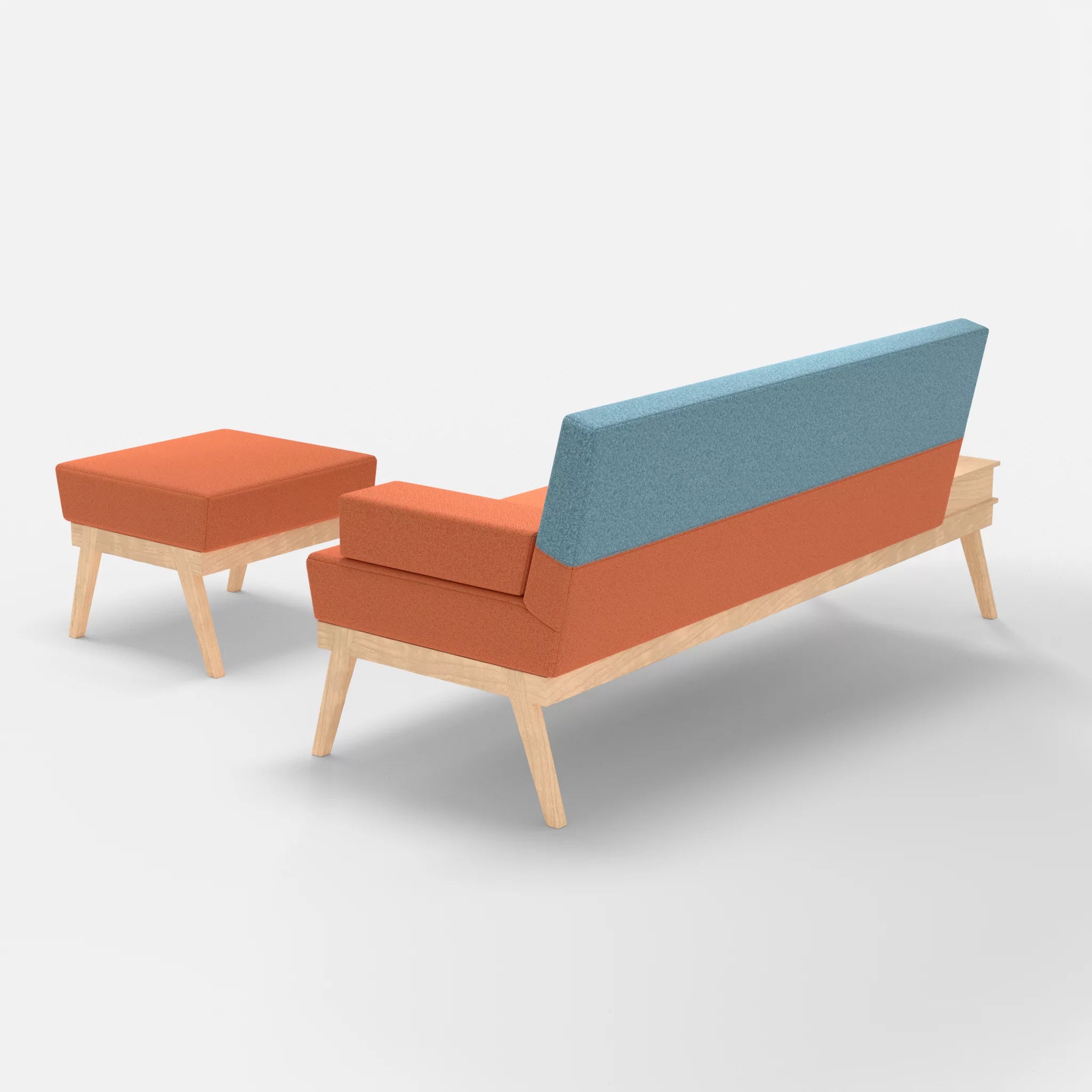 3er Sitzsofa Bauz mit Ablage links und Pouf celia0215-celia0209 in Orange und Türkis von hinten