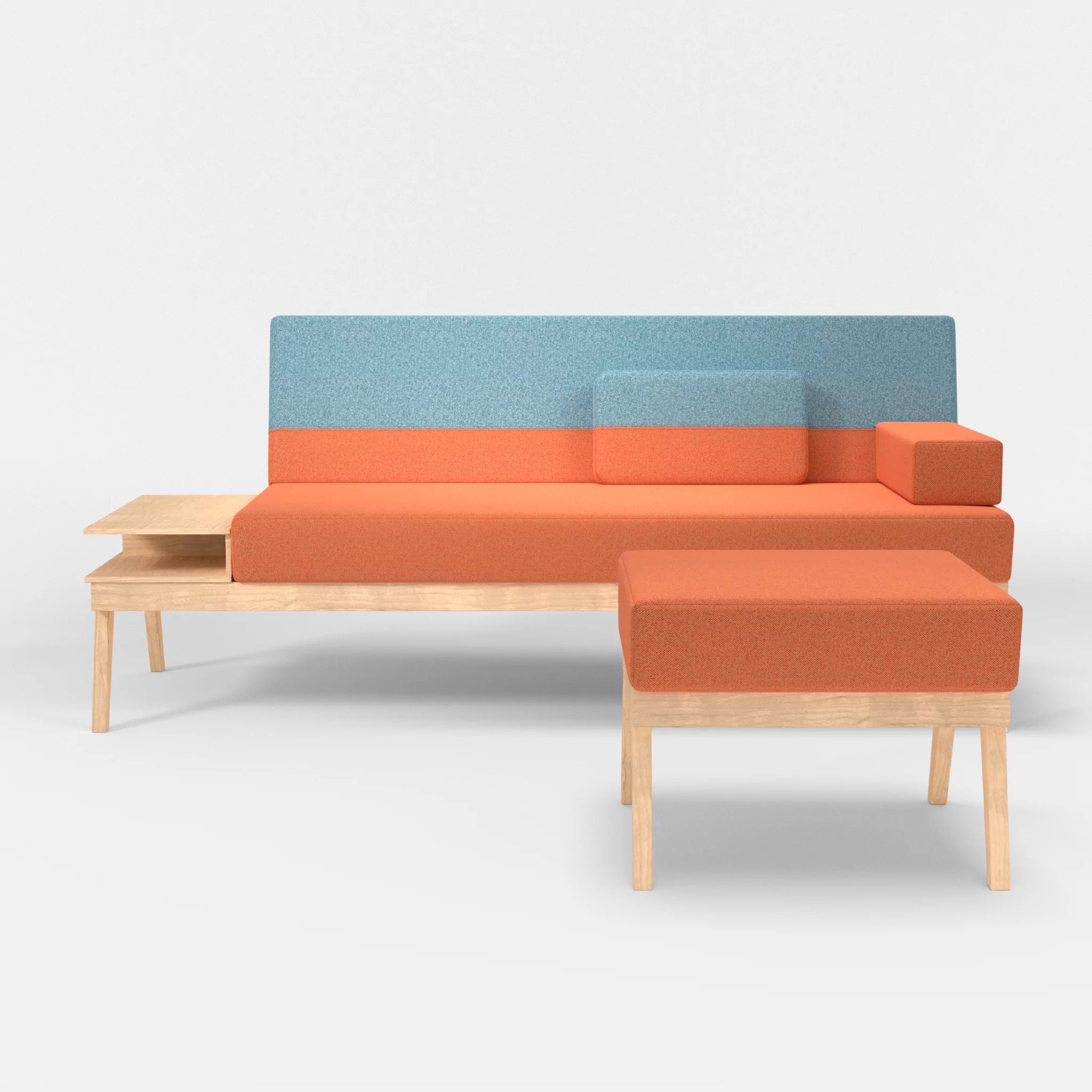 3er Sitzsofa Bauz mit Ablage links und Pouf celia0215-celia0209 in Orange und Türkis von vorne