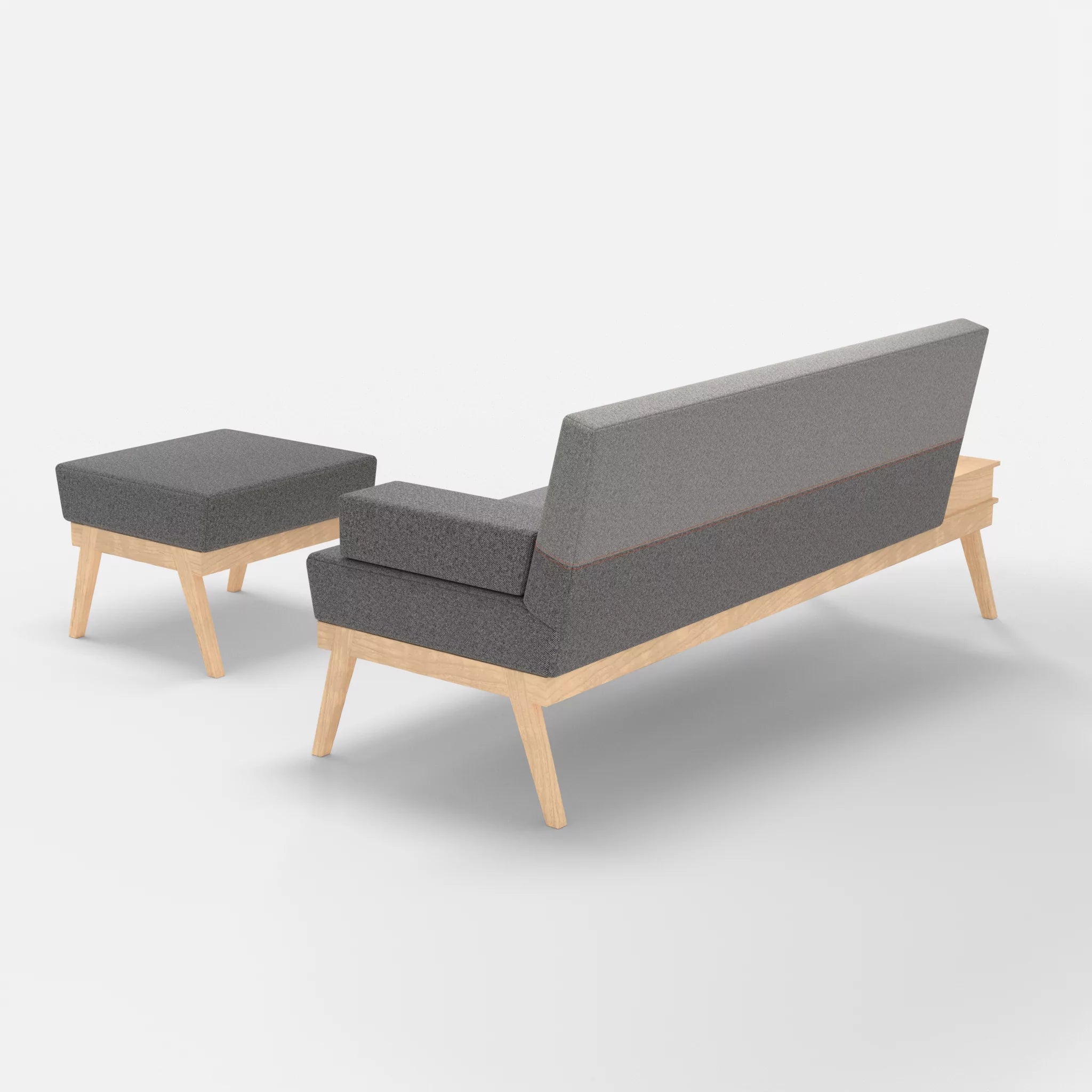 3er Sitzsofa Bauz mit Ablage links und Pouf celia0218-celia0208 in Dunkelgrau und Mittelgrau von hinten