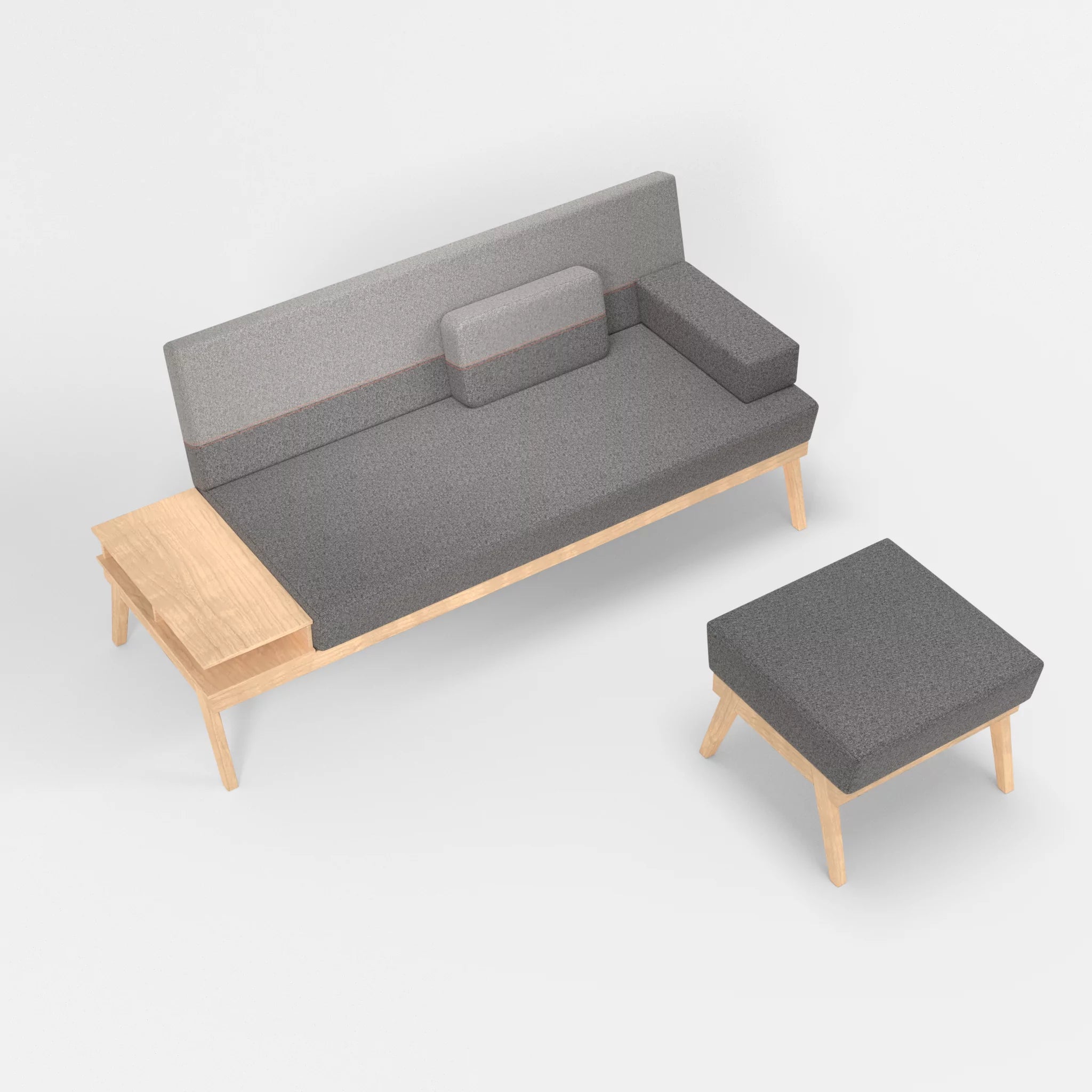 3er Sitzsofa Bauz mit Ablage links und Pouf celia0218-celia0208 in Dunkelgrau und Mittelgrau von oben