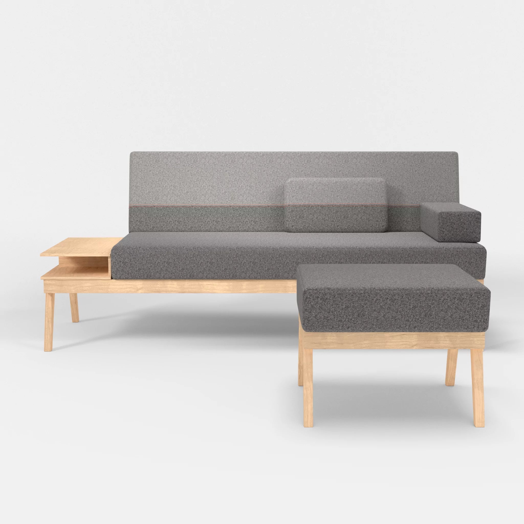 3er Sitzsofa Bauz mit Ablage links und Pouf celia0218-celia0208 in Dunkelgrau und Mittelgrau von vorne