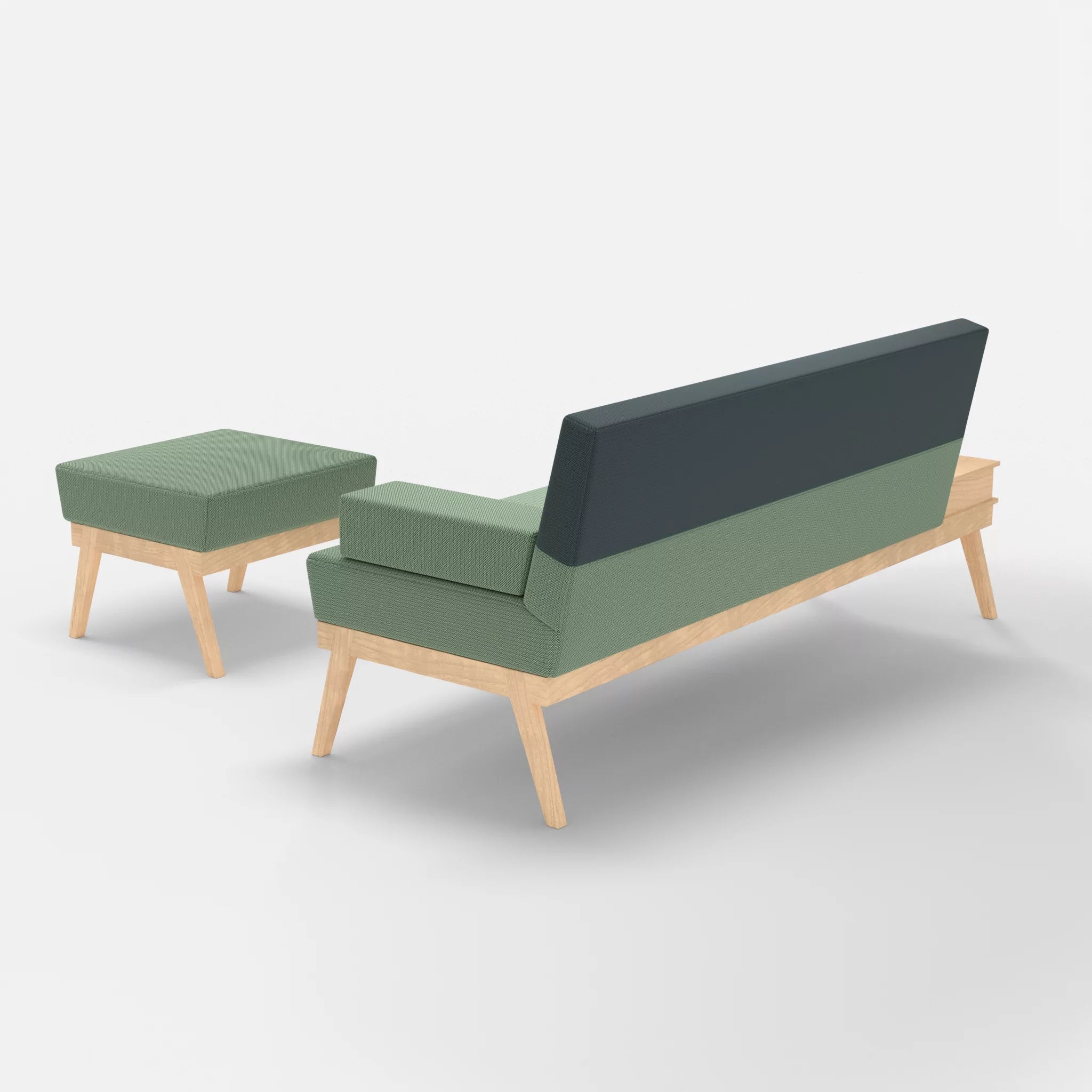 3er Sitzsofa Bauz mit Ablage links und Pouf credoaloe-credojaspis in Hellgrün und Türkis von hinten