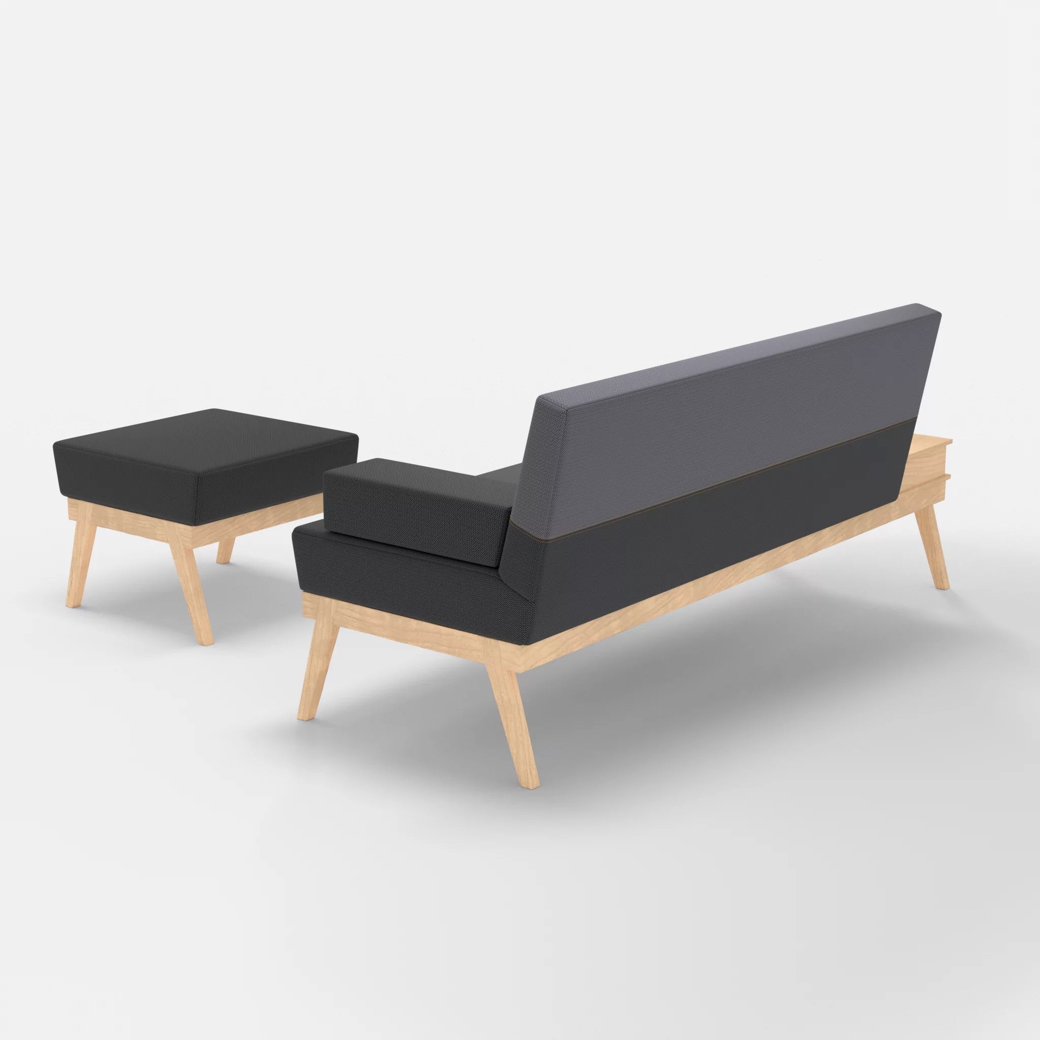 3er Sitzsofa Bauz mit Ablage links und Pouf credoasphalt-credocarbon in Anthrazit und Dunkelgrau von hinten