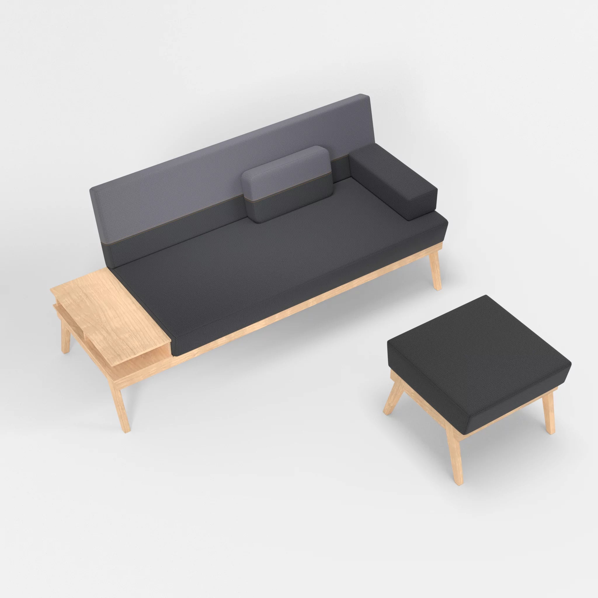 3er Sitzsofa Bauz mit Ablage links und Pouf credoasphalt-credocarbon in Anthrazit und Dunkelgrau von oben