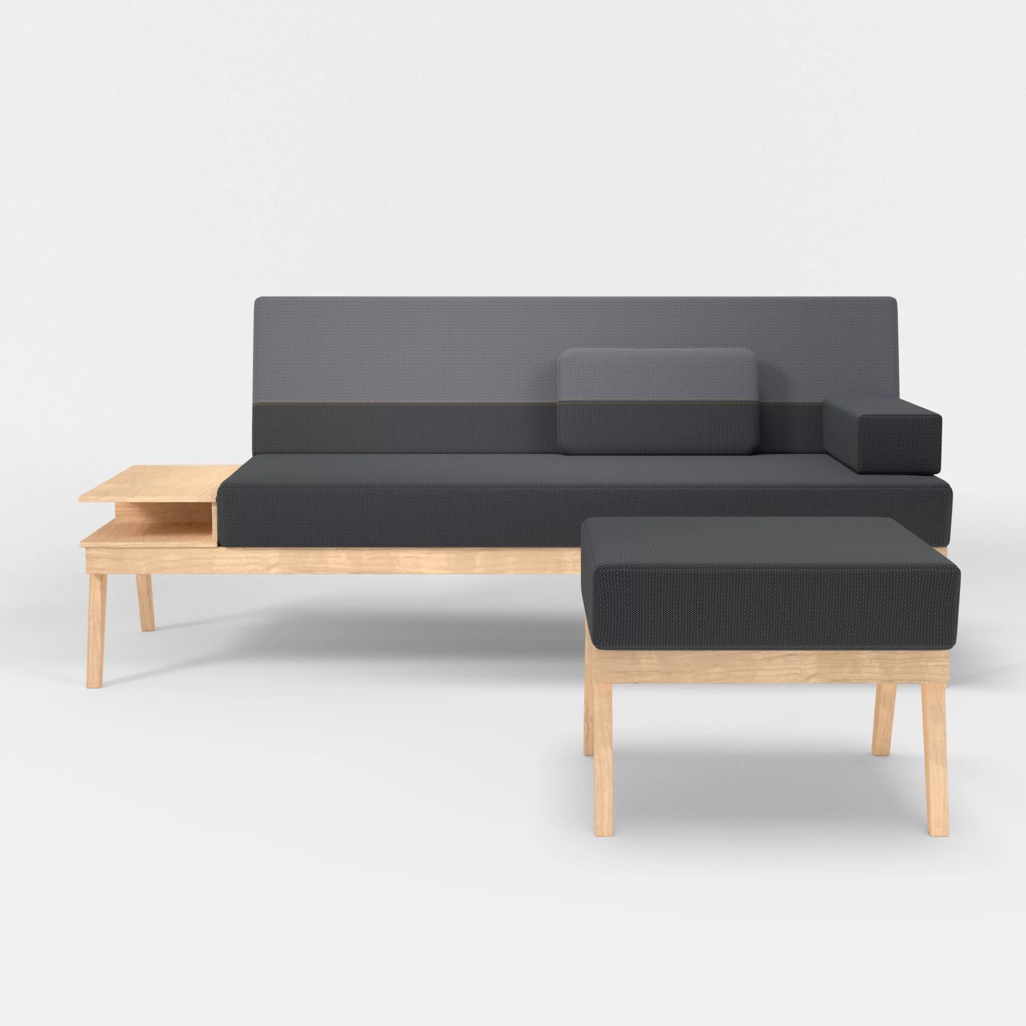 3er Sitzsofa Bauz mit Ablage links und Pouf credoasphalt-credocarbon in Anthrazit und Dunkelgrau von vorne