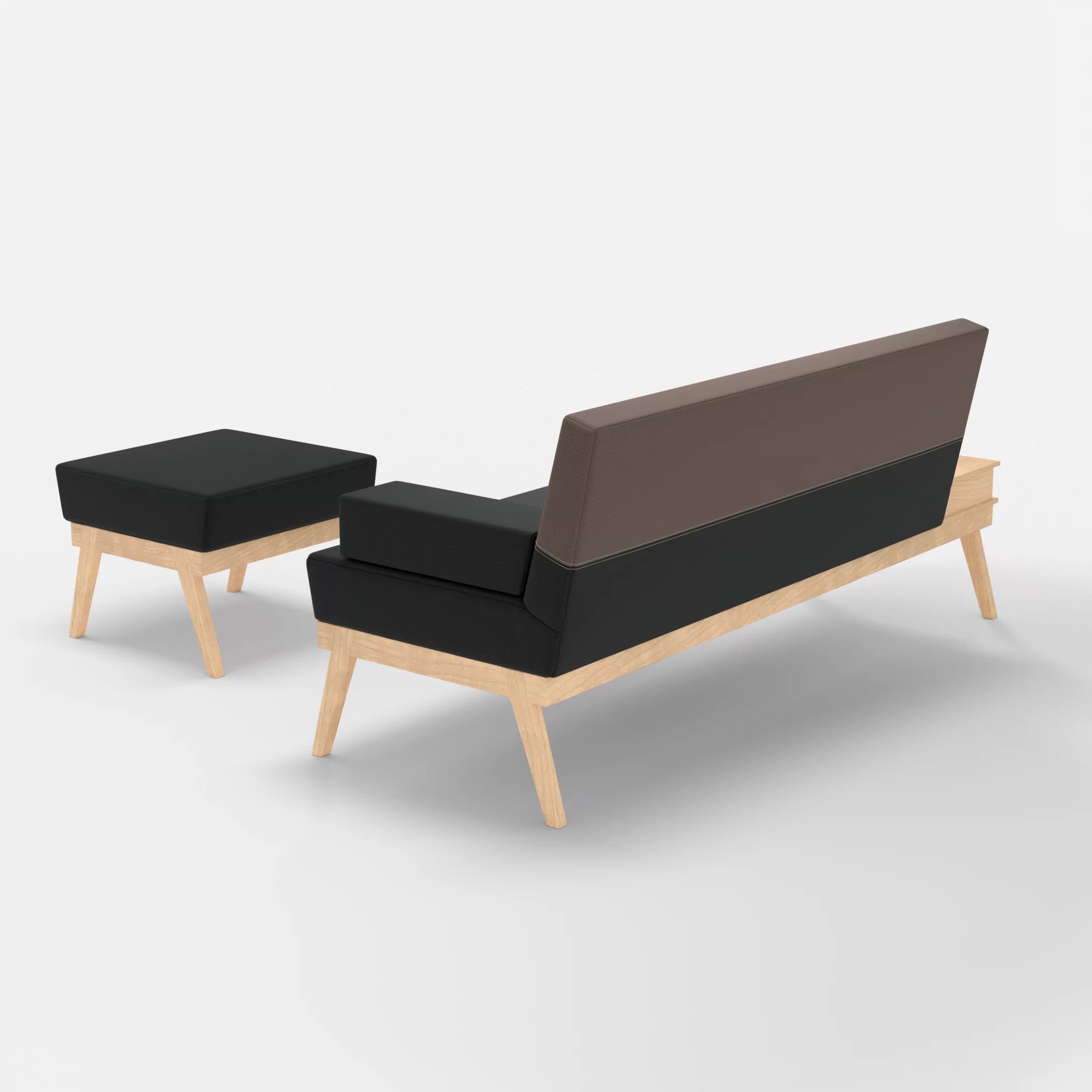 3er Sitzsofa Bauz mit Ablage links und Pouf credoblack-credowalnut in Schwarz und Dunkelgrau von hinten