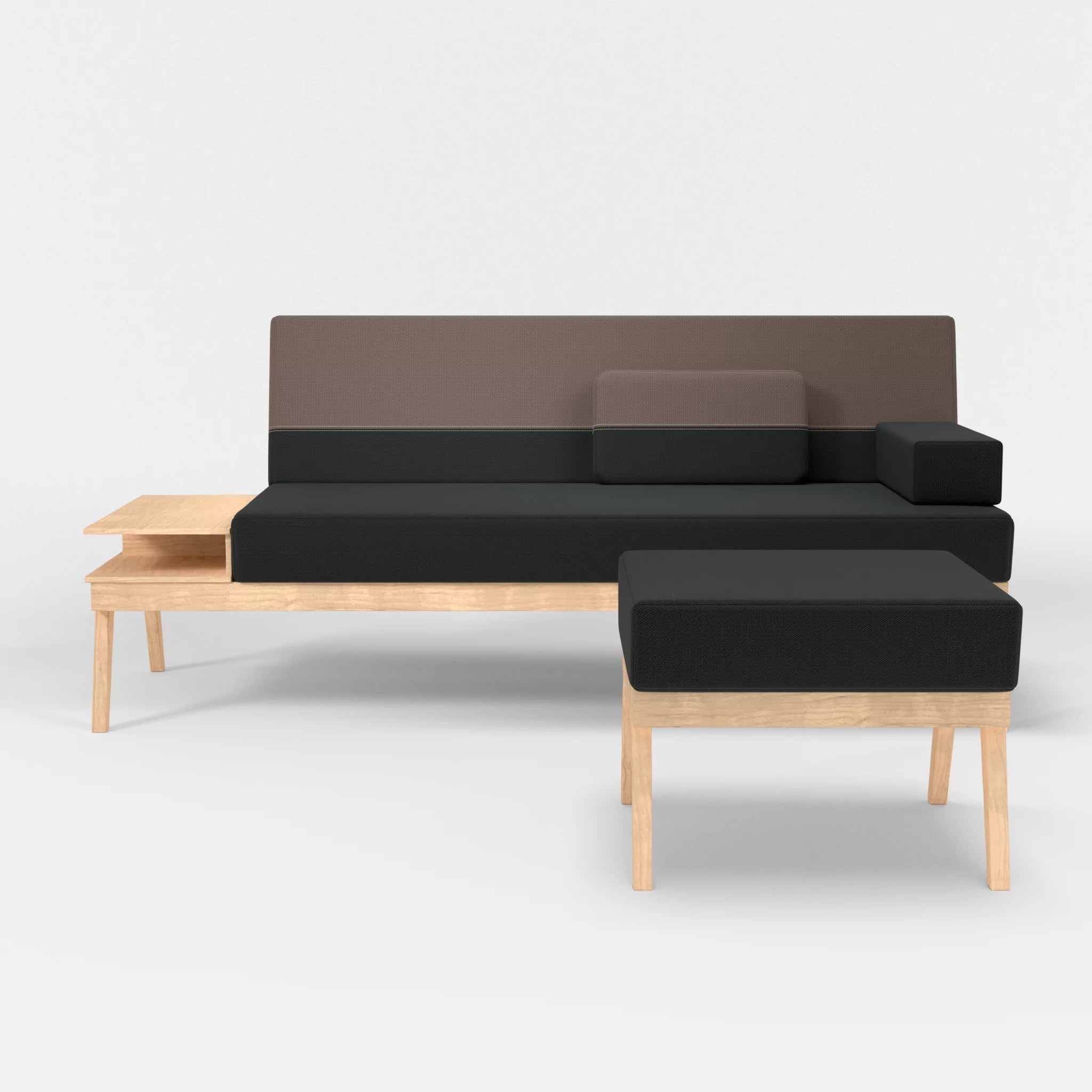 3er Sitzsofa Bauz mit Ablage links und Pouf credoblack-credowalnut in Schwarz und Dunkelgrau von vorne