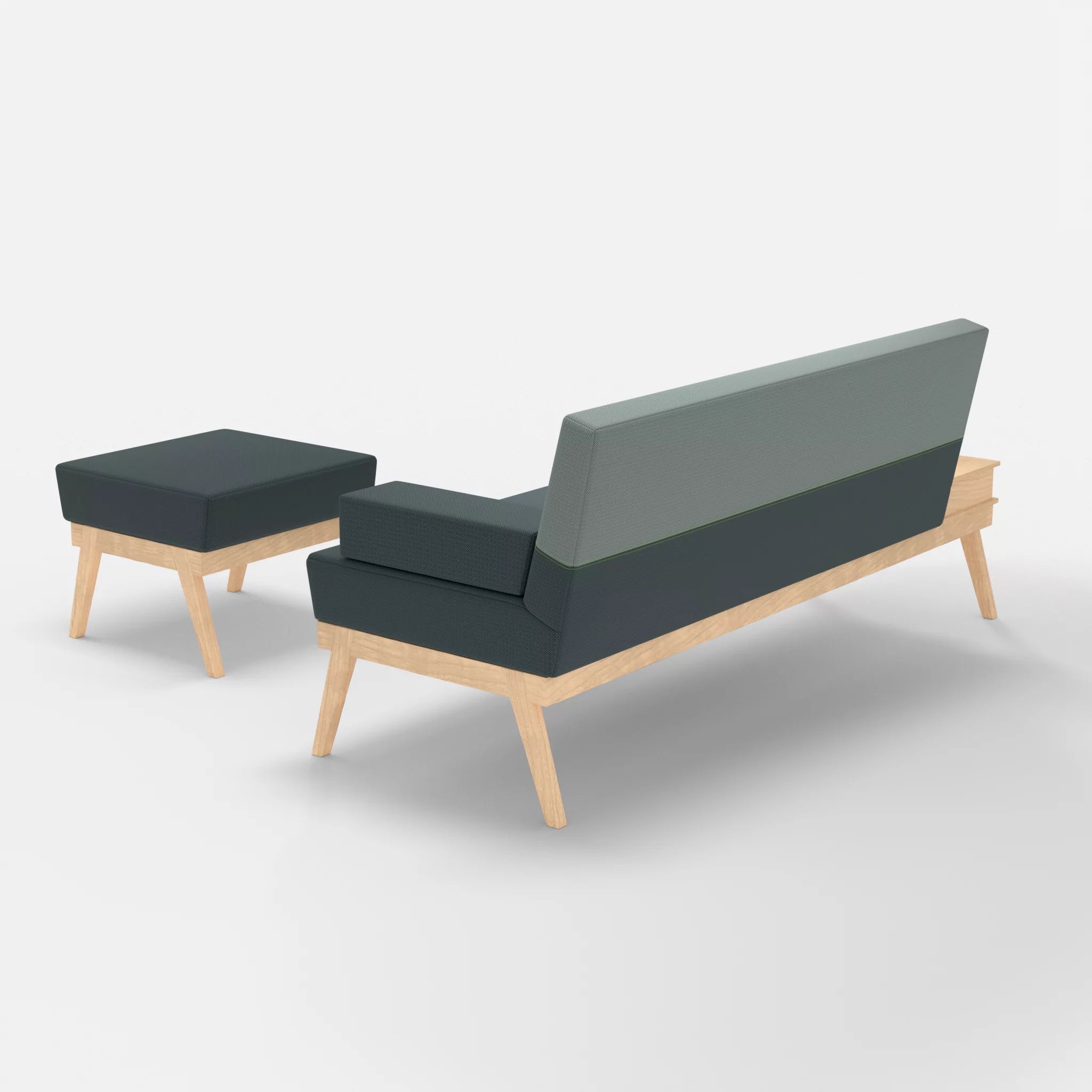 3er Sitzsofa Bauz mit Ablage links und Pouf credojaspis-credolake in Türkis und Graublau von hinten
