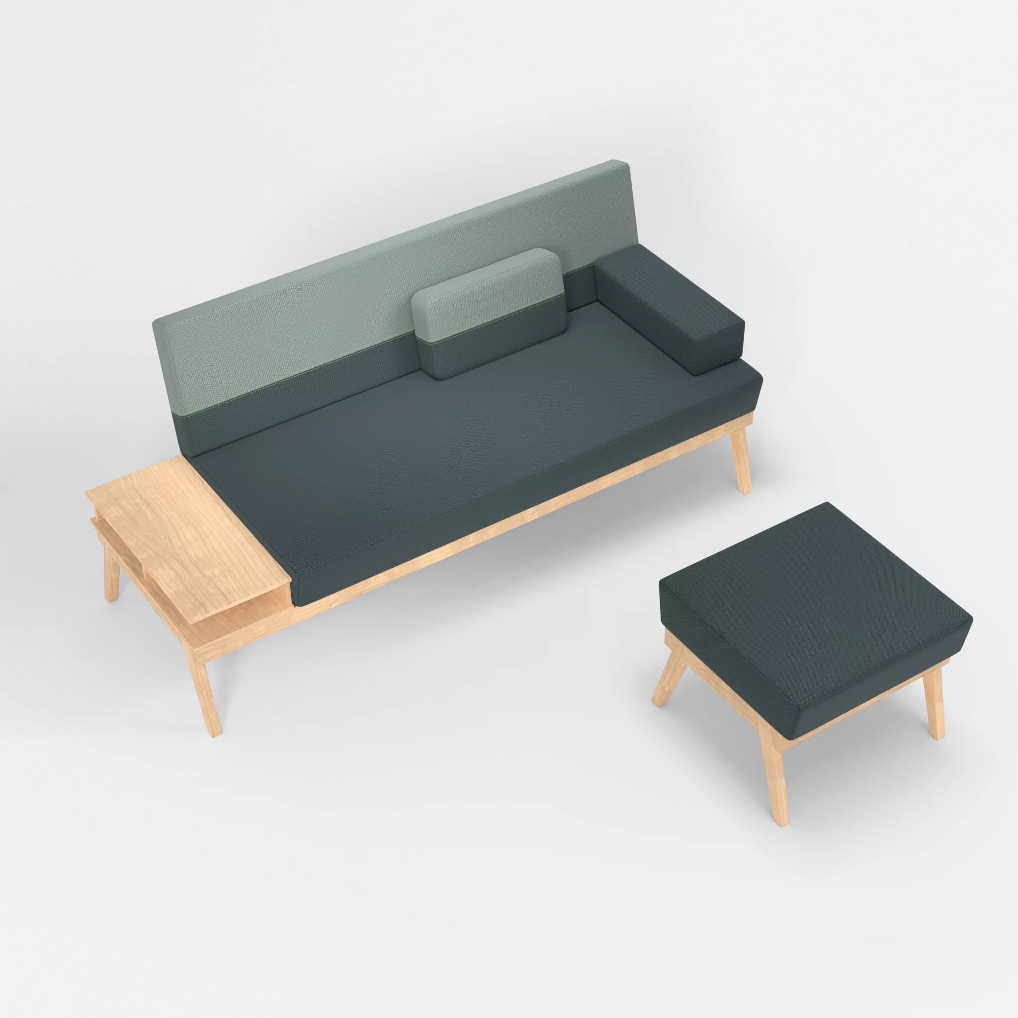 3er Sitzsofa Bauz mit Ablage links und Pouf credojaspis-credolake in Türkis und Graublau von oben