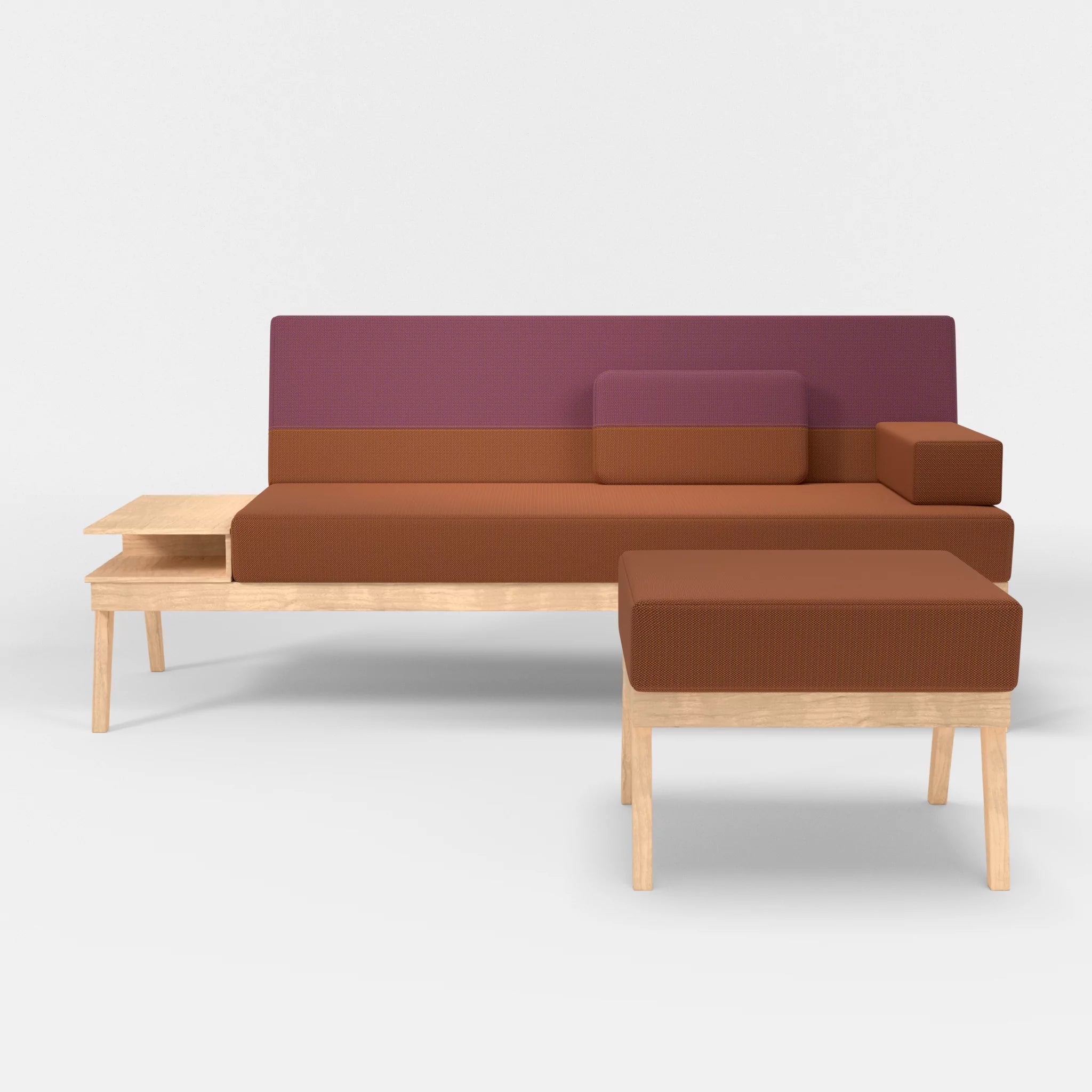 3er Sitzsofa Bauz mit Ablage links und Pouf credokupfer-credobreva in Braun und Violett von vorne